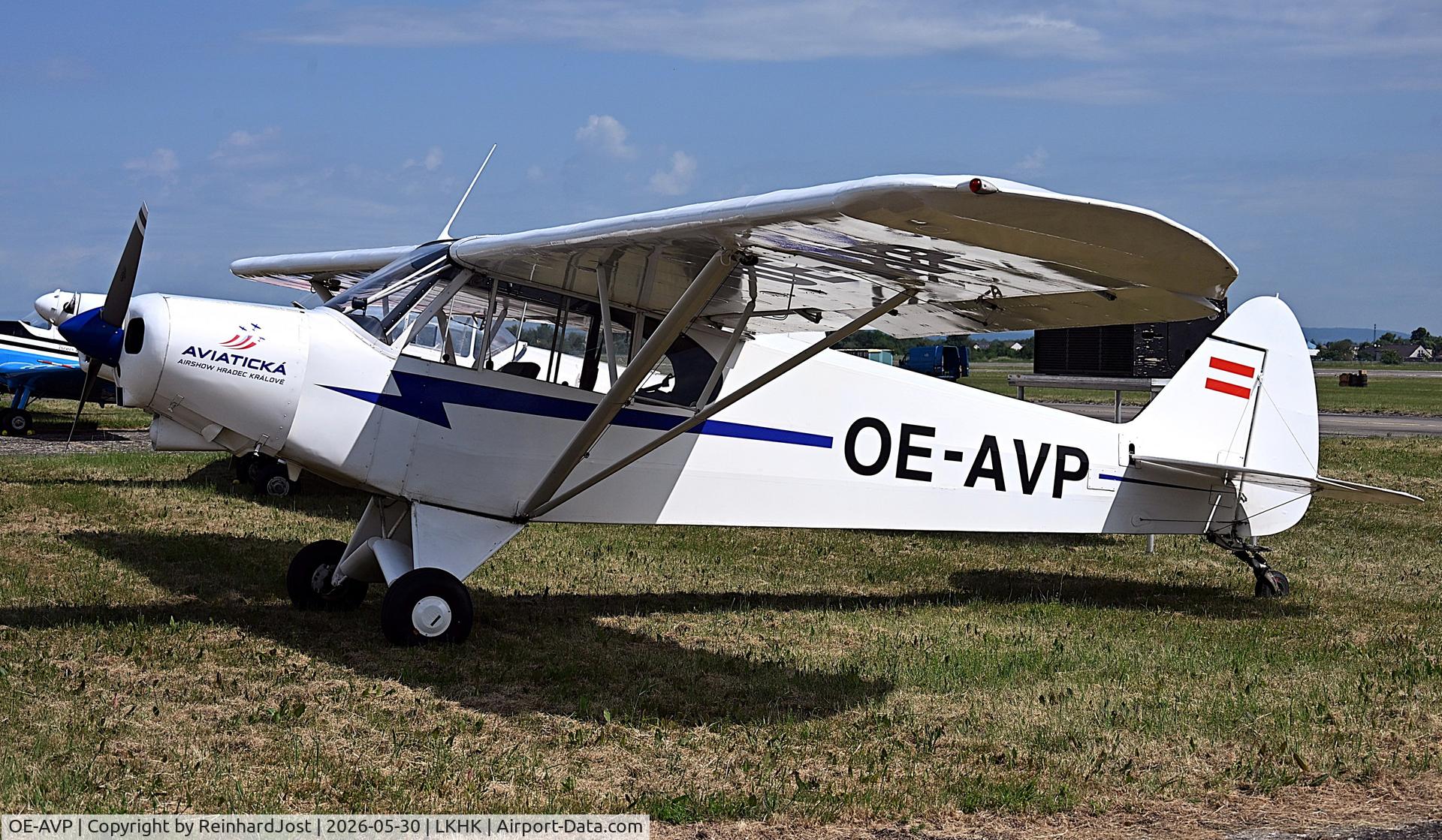 OE-AVP, 1956 Piper PA-18A-150 Super Cub Super Cub, c/n 18-4859, Super Cub OE-AVP (ex-EC-AMK / N10F) with Aviatika Airshow Hradec Kralove titles during the Hradec Kralove Airshow 2026
