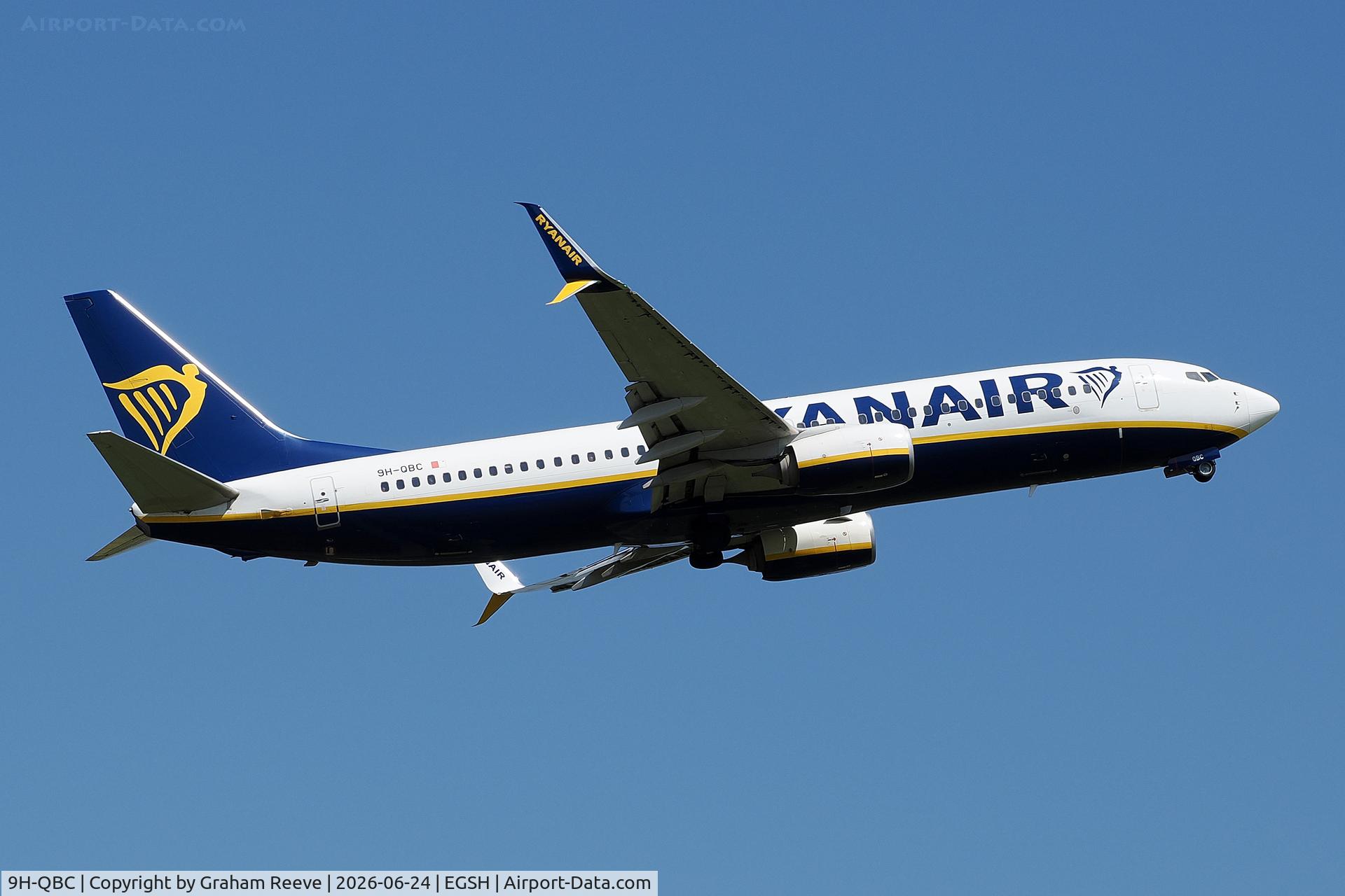 9H-QBC, 2017 Boeing 737-800, c/n 44803 l/n 6618, Departing from Norwich.