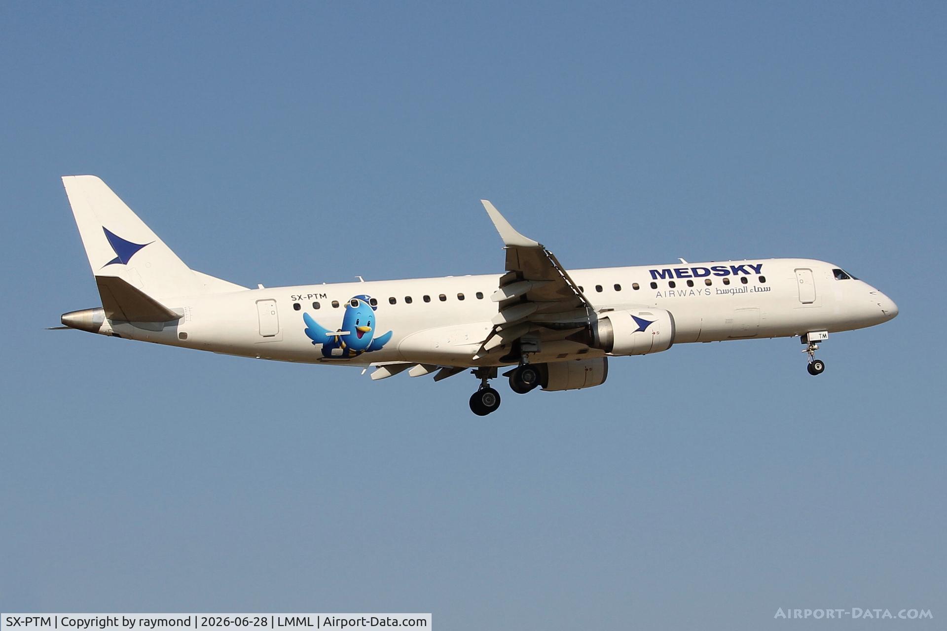 SX-PTM, 2008 Embraer 190SR (ERJ-190-100SR), c/n 19000163, Embraer 190SR reg SP-PTM of MedSky approaching RW31 Malta.
