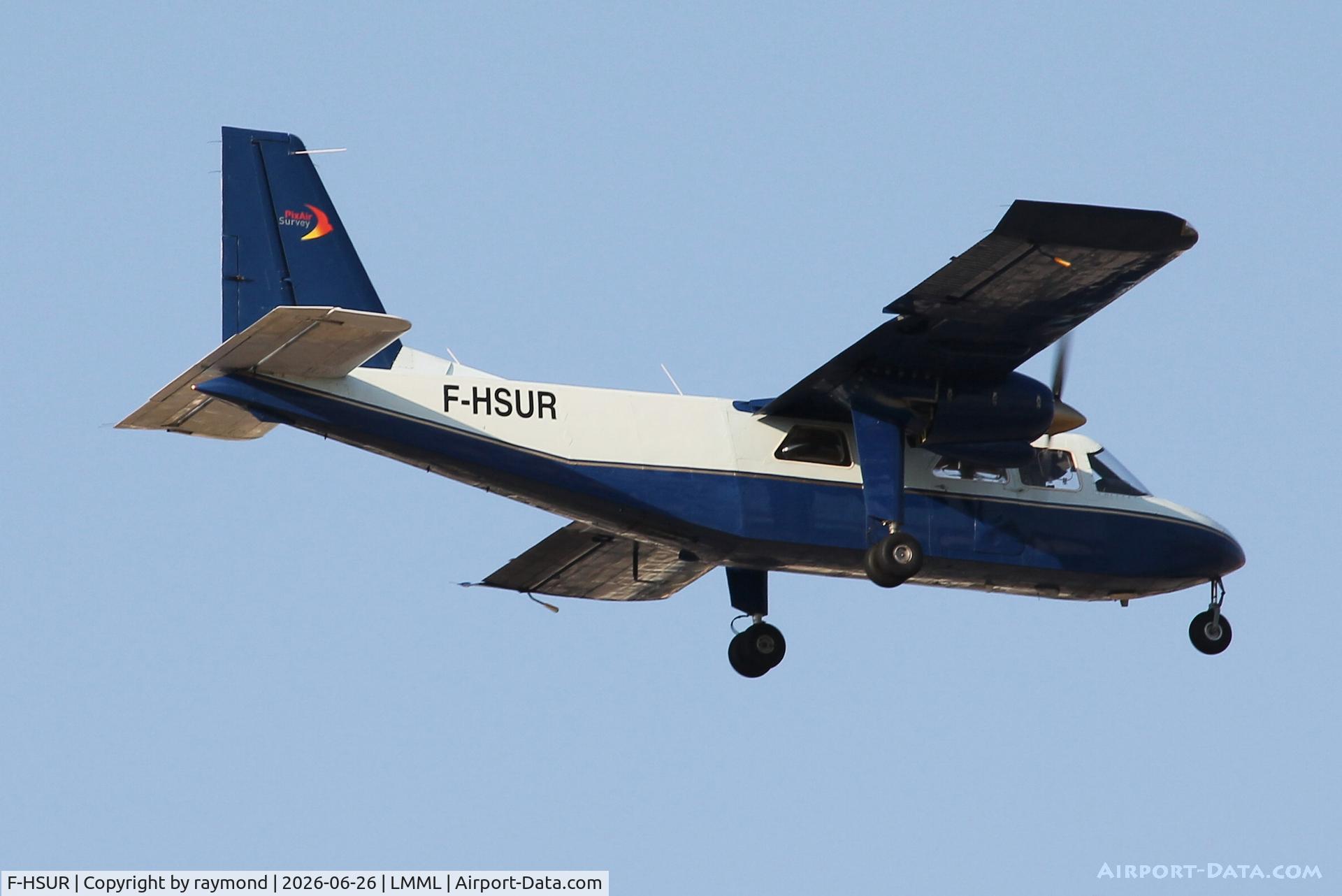 F-HSUR, 1976 Britten-Norman BN-2A-26 Islander, c/n 530, Britten-Norman BN-2A-26 Islander reg F-HSUR of PixAir Survey approaching RW13 landing in Malta.