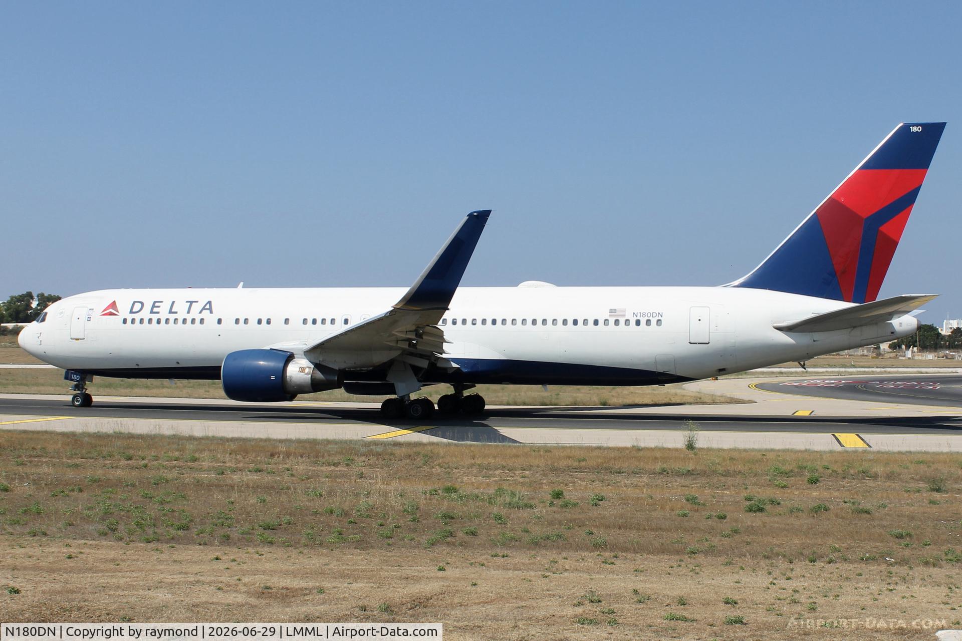 N180DN, 1992 Boeing 767-332, c/n 25985, Boeing 767-332 reg N180DN of Delta Air Lines taxiing out for departure from Malta to JFK.