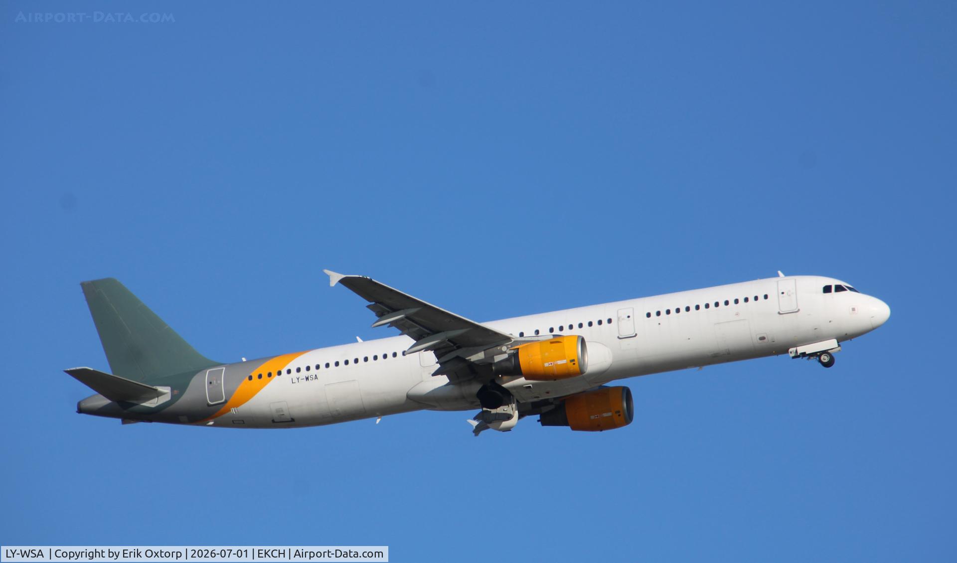 LY-WSA , 2003 Airbus A321-212, c/n 2115, LY-WSA taking off rw 04R