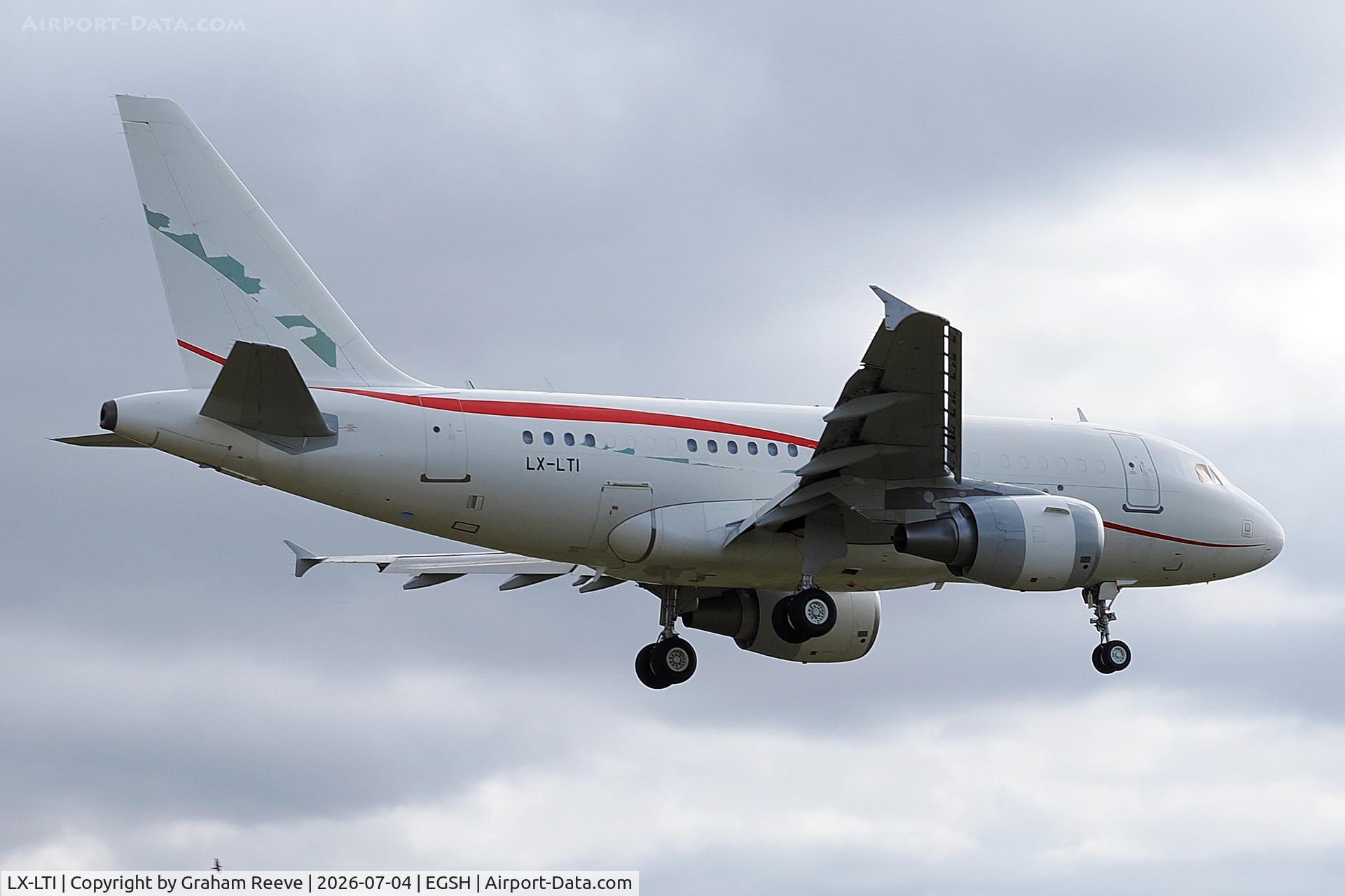 LX-LTI, 2010 Airbus A318-112CJ Elite, c/n 4169, Landing at Norwich.