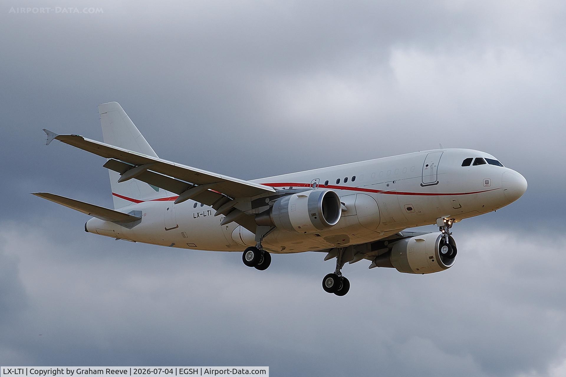 LX-LTI, 2010 Airbus A318-112CJ Elite, c/n 4169, Landing at Norwich.