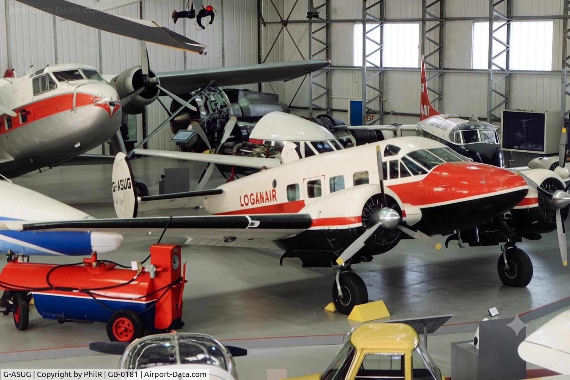 G-ASUG, Beech E18S, c/n BA-111, G-ASUG Beech D18S Loganair East Fortune Museum of Flight 05.11.02(3).jpg
