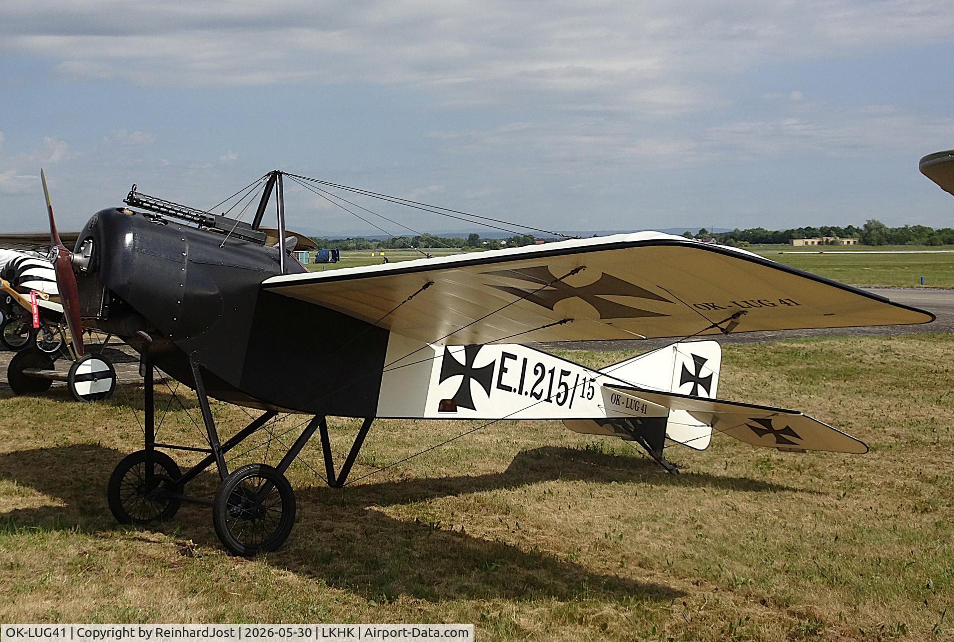 OK-LUG41, Eugen Cihaks   Rapid, c/n unknown, This is a Replica of a Morane-Saulnier H, painted as Pfalz E.I  (which itself was a copy of the French WW I- fighter) marked E.I.215-15. At the Hradec Kralove Airshow 2026.