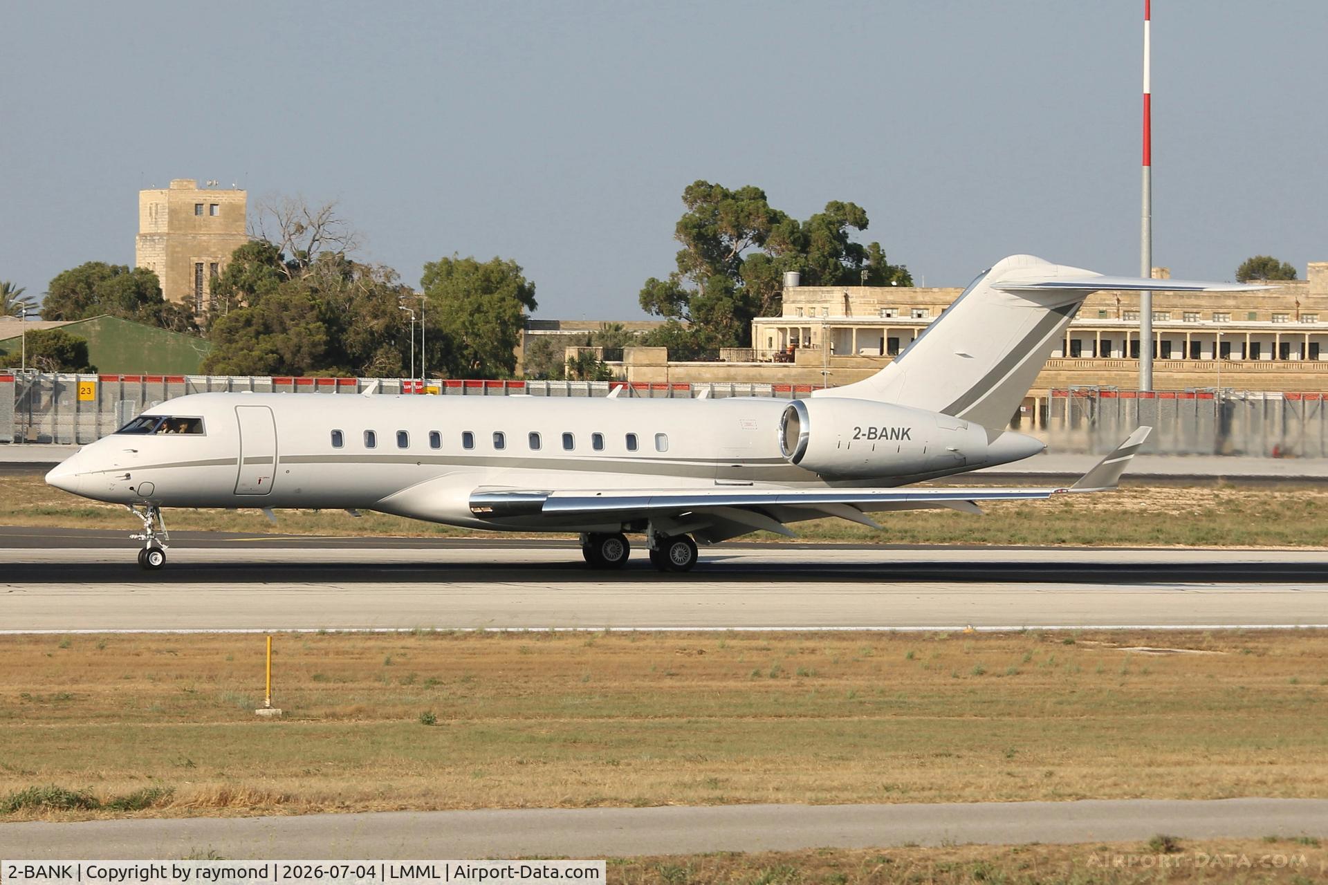 2-BANK, Bombardier Global 5000, c/n not found_2-BANK, Bombardier Global 5000 reg 2-BANK of Volare Aviation seen taxiing down the runway after landing in Malta.