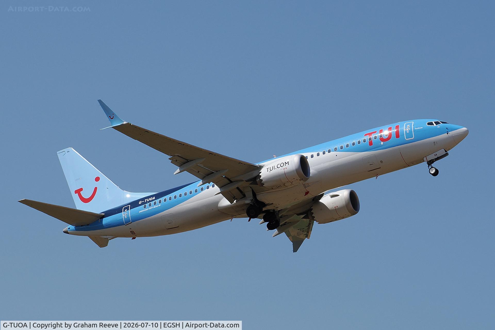 G-TUOA, 2024 Boeing 737-8 MAX, c/n 44635 l/n 8994, Departing from Norwich.