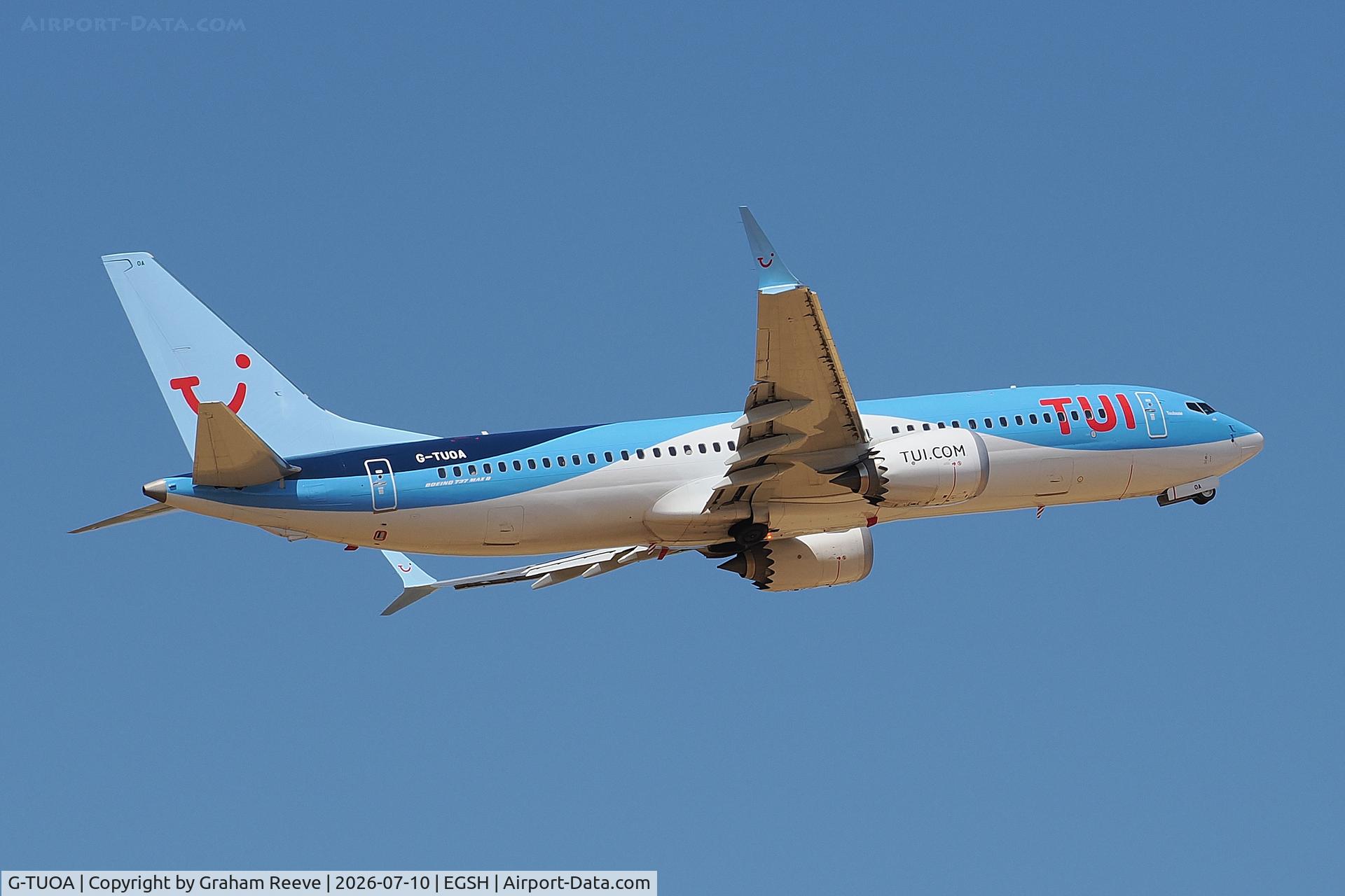 G-TUOA, 2024 Boeing 737-8 MAX, c/n 44635 l/n 8994, Departing from Norwich.