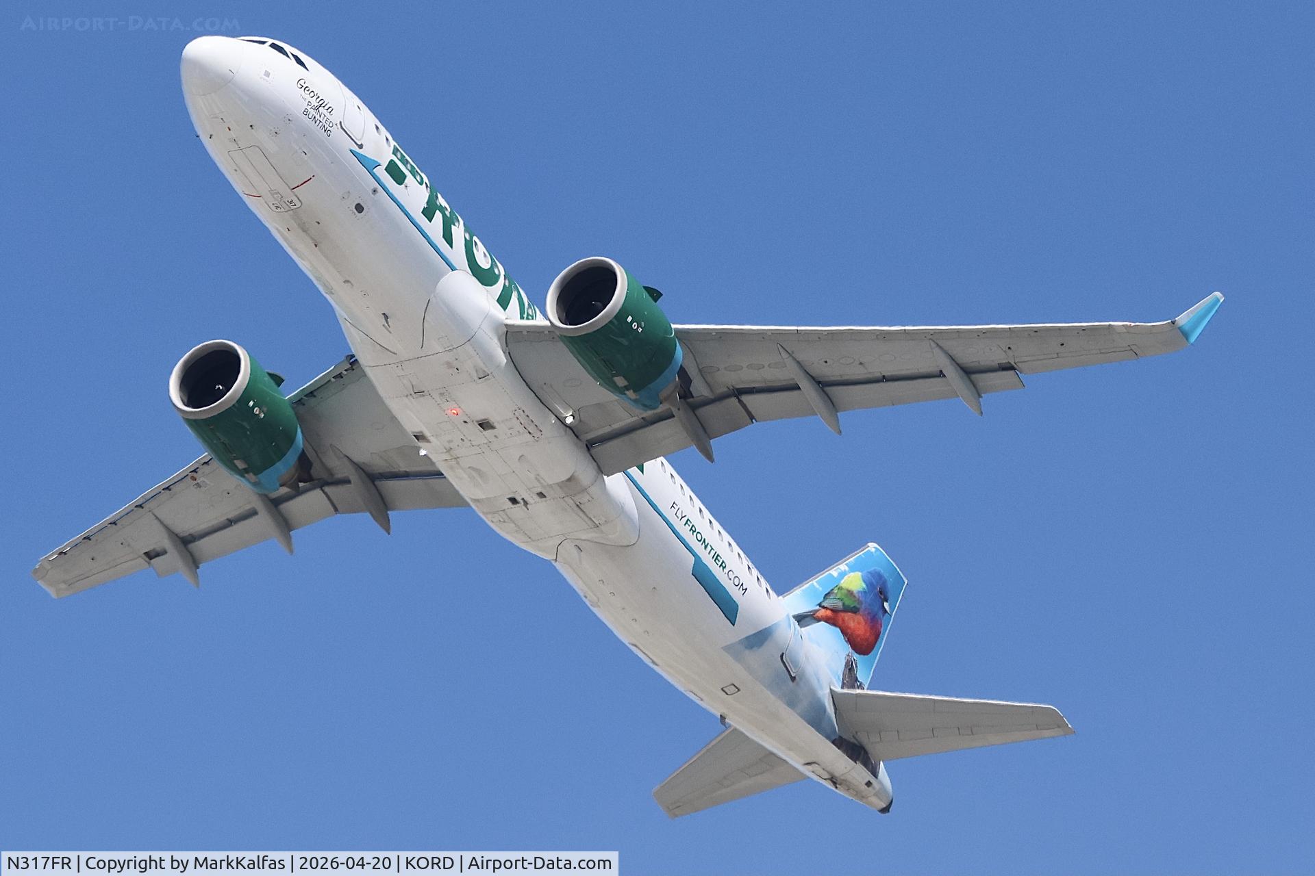 N317FR, 2017 Airbus A320-251NEO, c/n 7835, A20N Frontier Airbus A320-251NEO N317FR "Georgia the Painted Bunting" departing 28R KORD.
