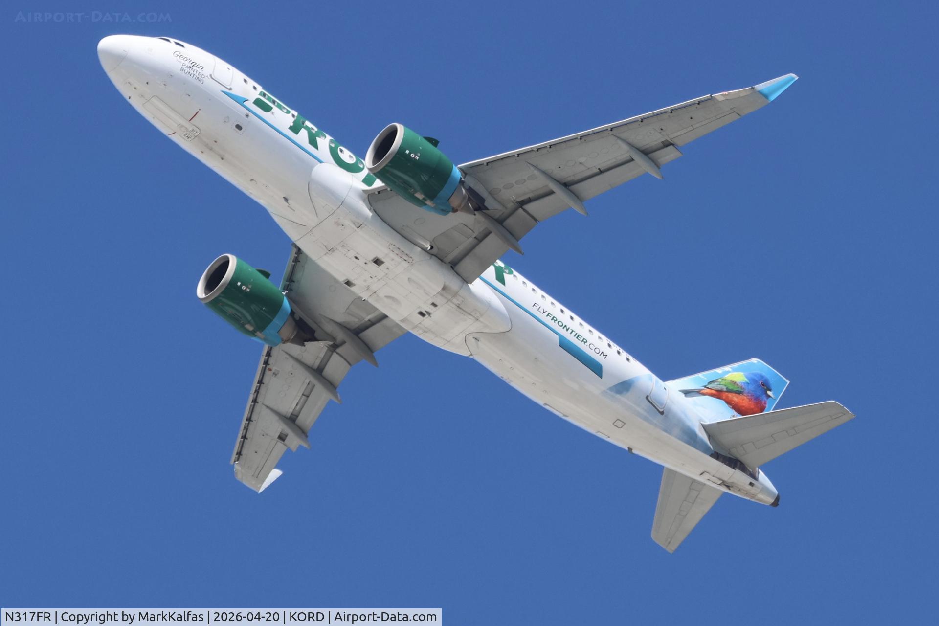 N317FR, 2017 Airbus A320-251NEO, c/n 7835, A20N Frontier Airbus A320-251NEO N317FR "Georgia the Painted Bunting" departing 28R KORD.