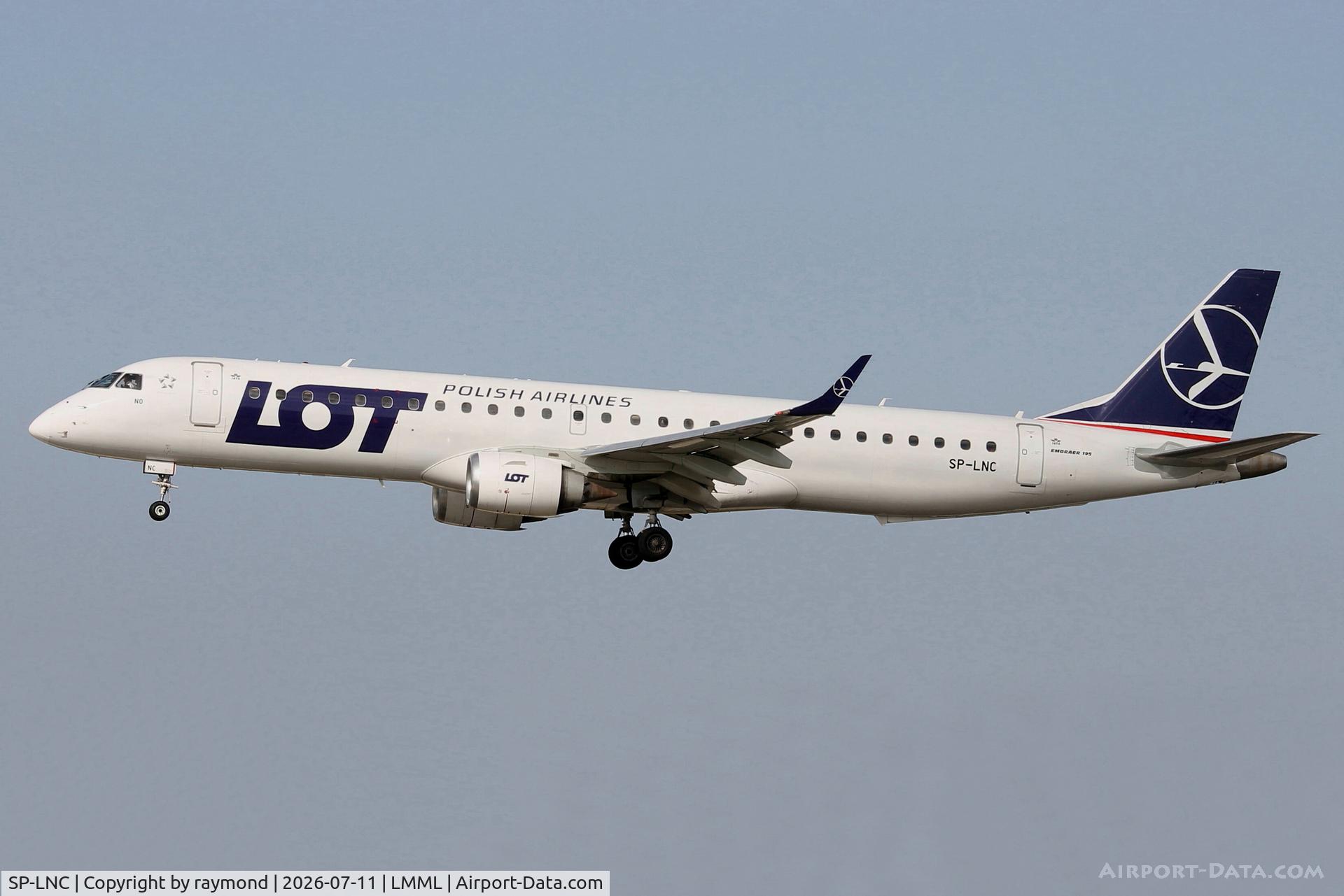 SP-LNC, 2011 Embraer 195LR (ERJ-190-200LR), c/n 19000462, LOT Polish Airlines Embraer 195LR reg SP-LNC on final approach for RW13 landing in Malta.