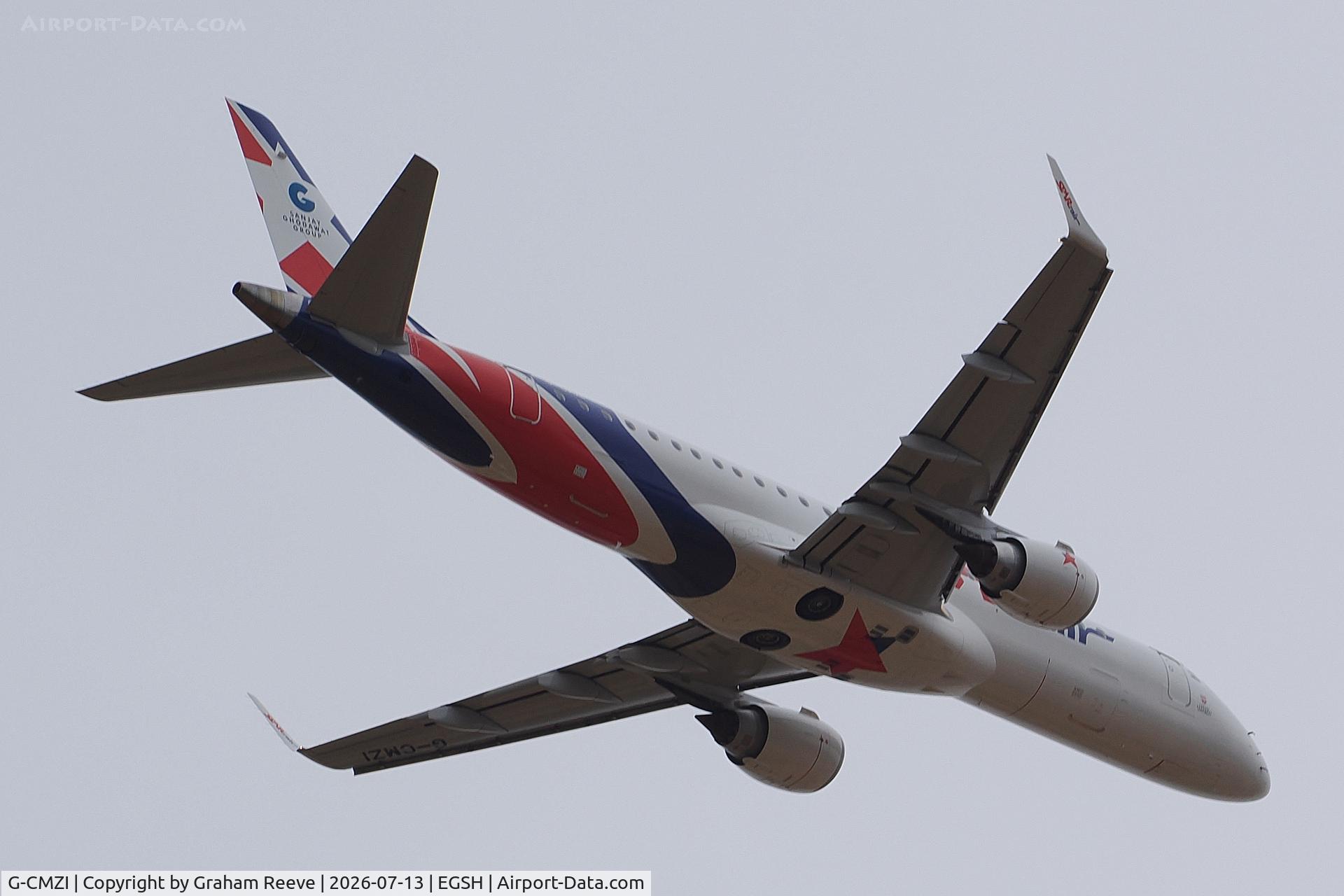 G-CMZI, 2014 Embraer ERJ-190 STD, c/n 19000661, Departing from Norwich.