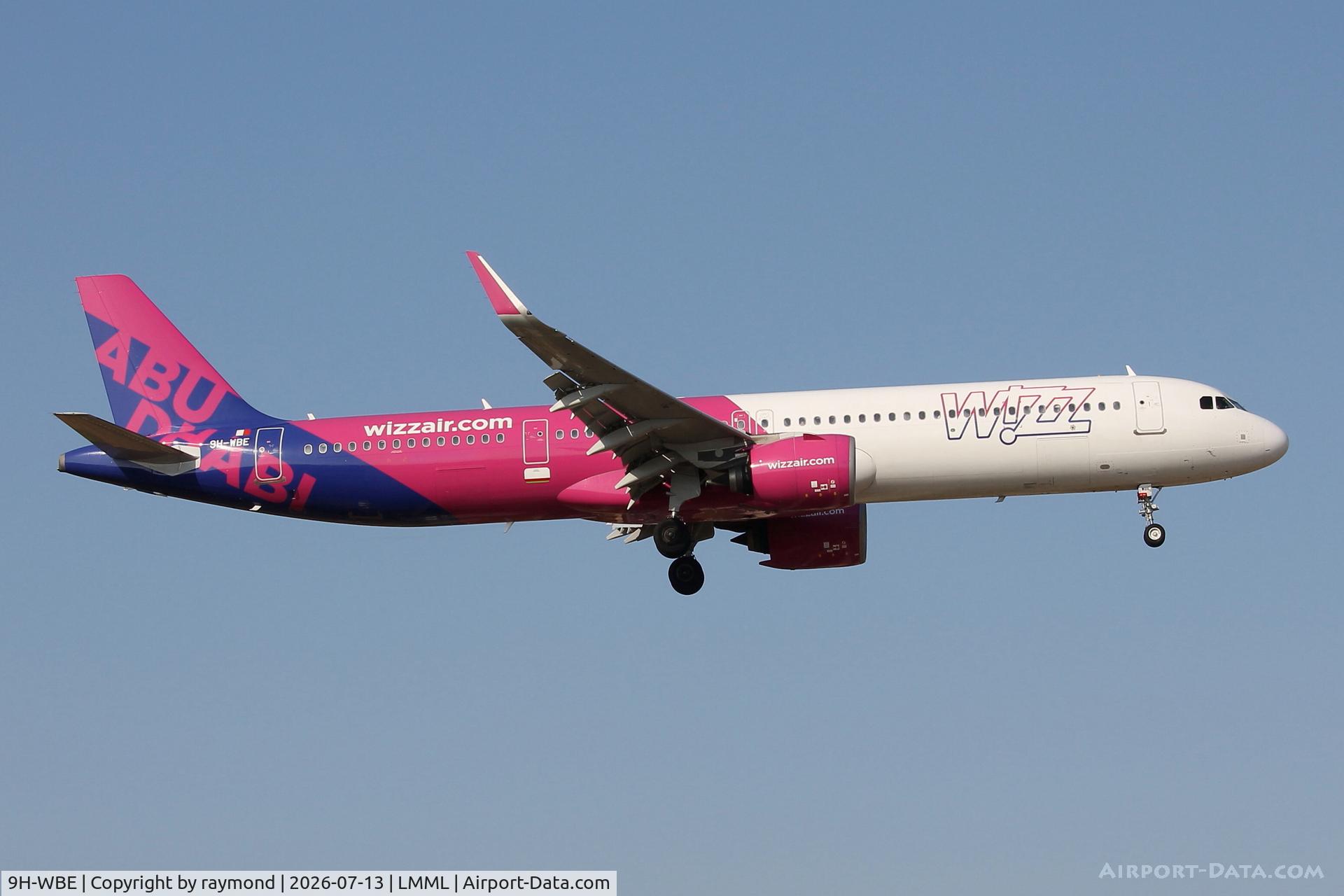 9H-WBE, Airbus A321- 271NX, c/n 10295, Wizzair Malta Airbus A321-271NX reg 9H-WBE in special AbuDhabi livery on final approach to RW31 landing in Malta.