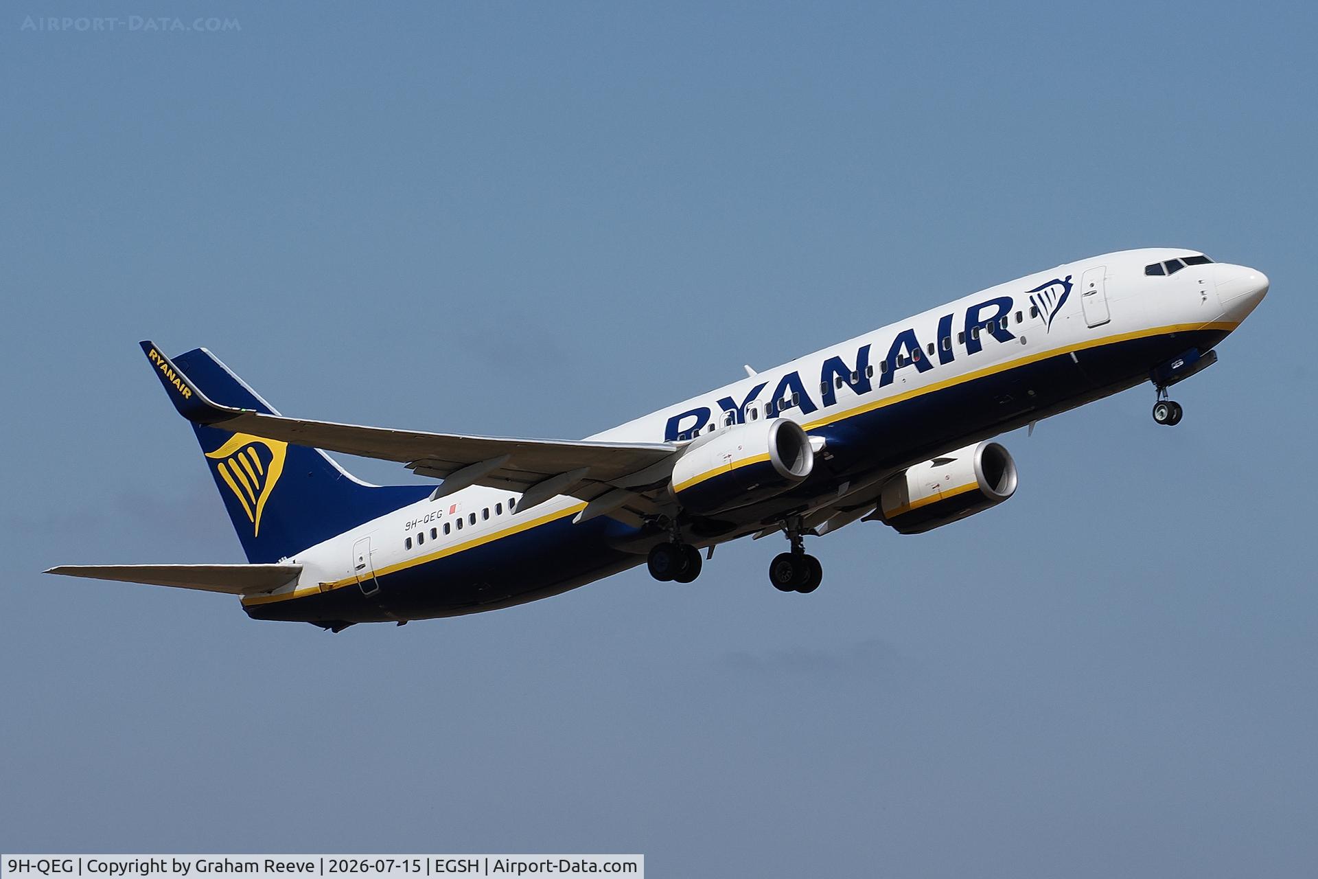 9H-QEG, 2018 Boeing 737-800, c/n 44821 l/n 6829, Departing from Norwich.