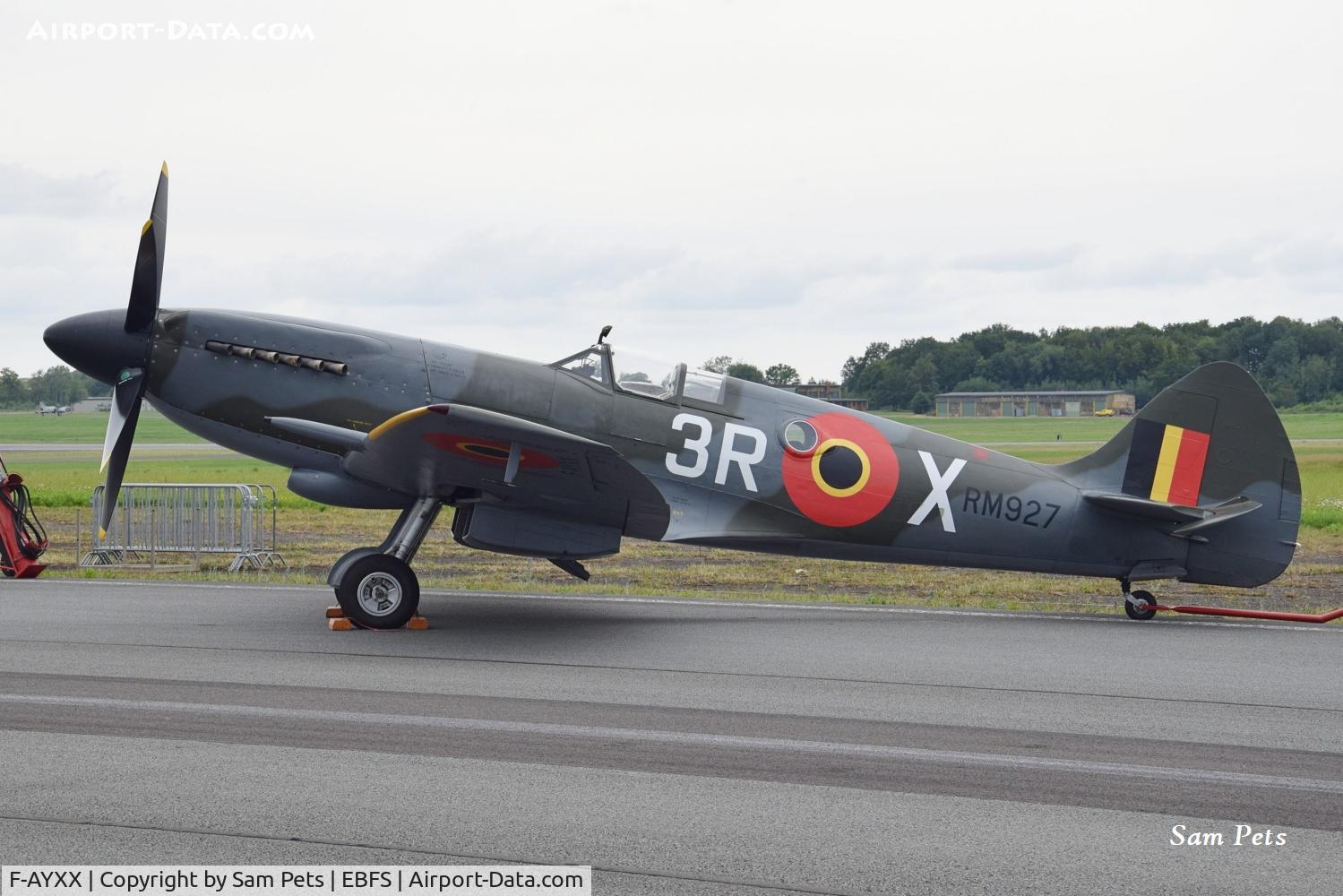 F-AYXX, 1944 Supermarine 361 Spitfire FR.XIV, c/n 6S-381758, F-AYXX has Belgian markings to celebrate 80 years Belgian Air Force. Seen at Florennes on 2026-06-28.