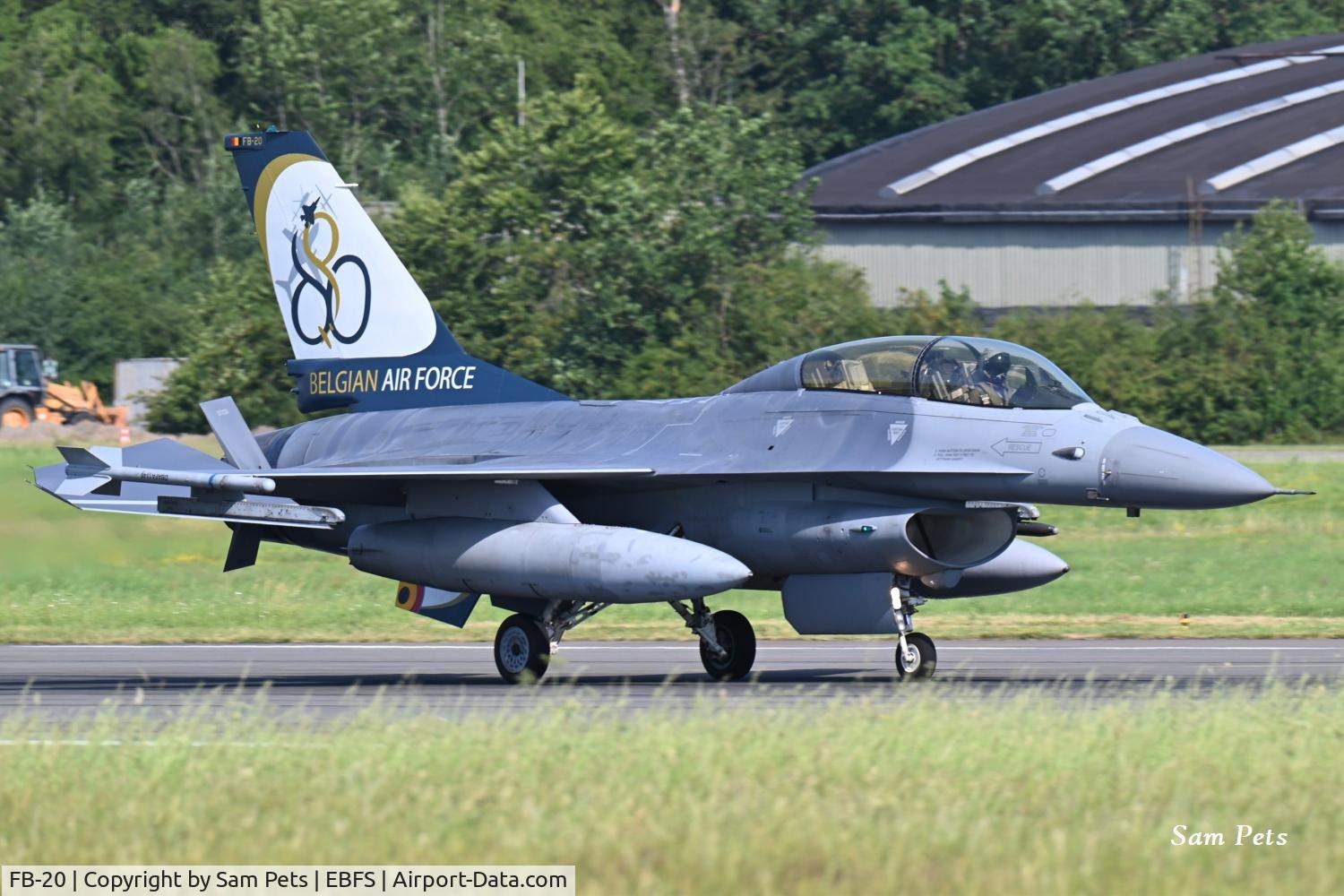 FB-20, 1980 General Dynamics F-16BM Fighting Falcon, c/n 6J-20, FB-20 with special tail to celebrate 80 years of Belgian Air Force, seen at Florennes on 2026-06-26.