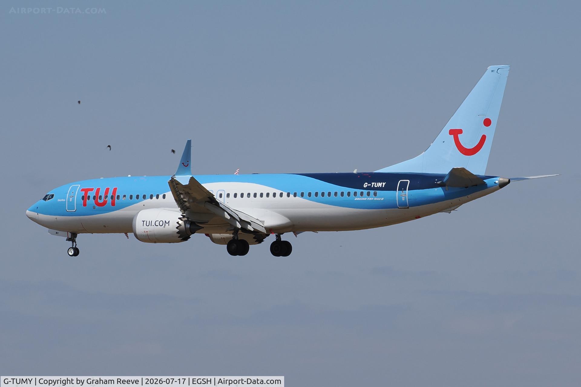 G-TUMY, 2024 Boeing 737-8 MAX, c/n 44619 l/n 8941, Landing at Norwich.