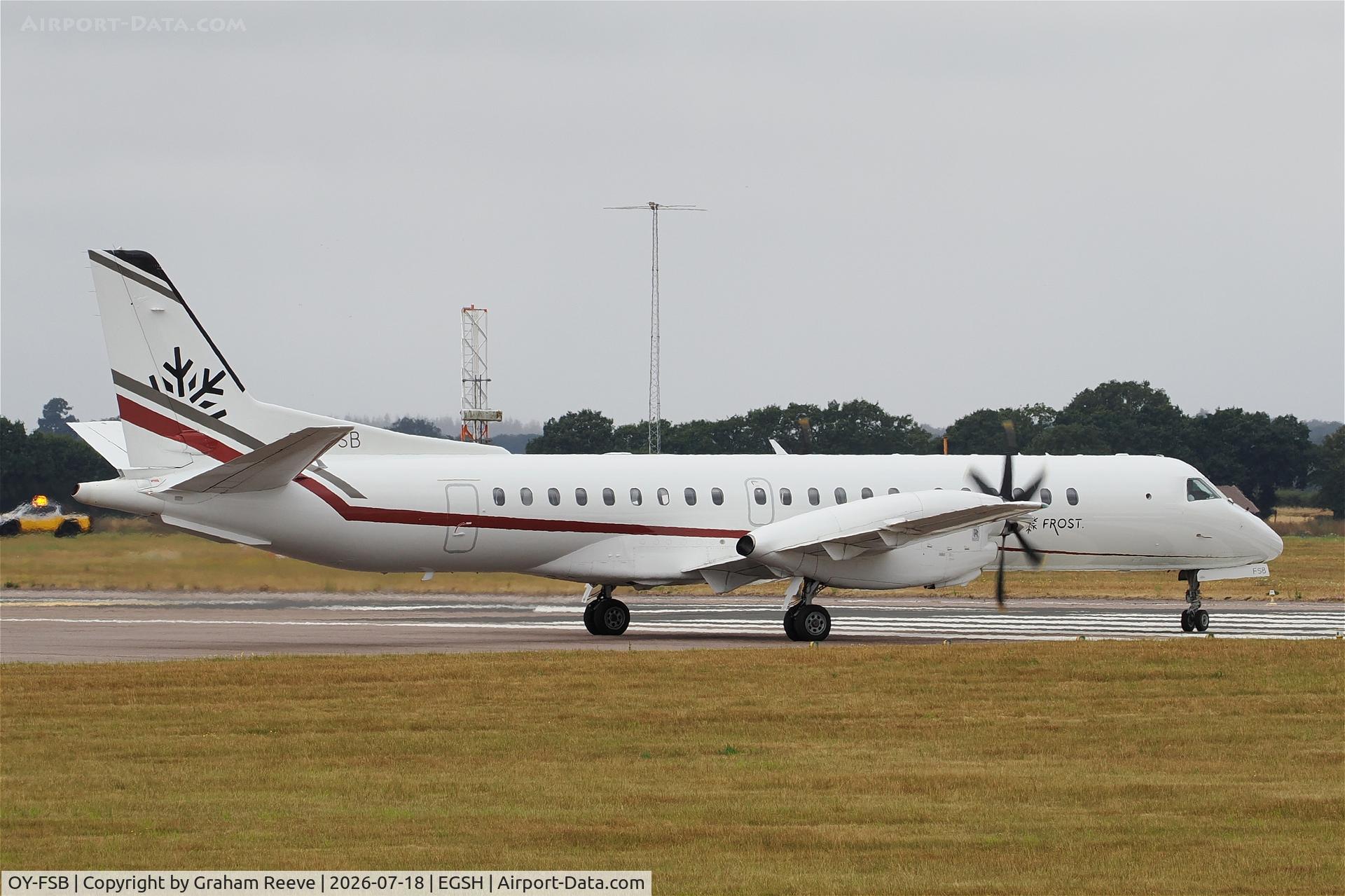 OY-FSB, 1995 Saab 2000, c/n 2000-013, Departing from Norwich.