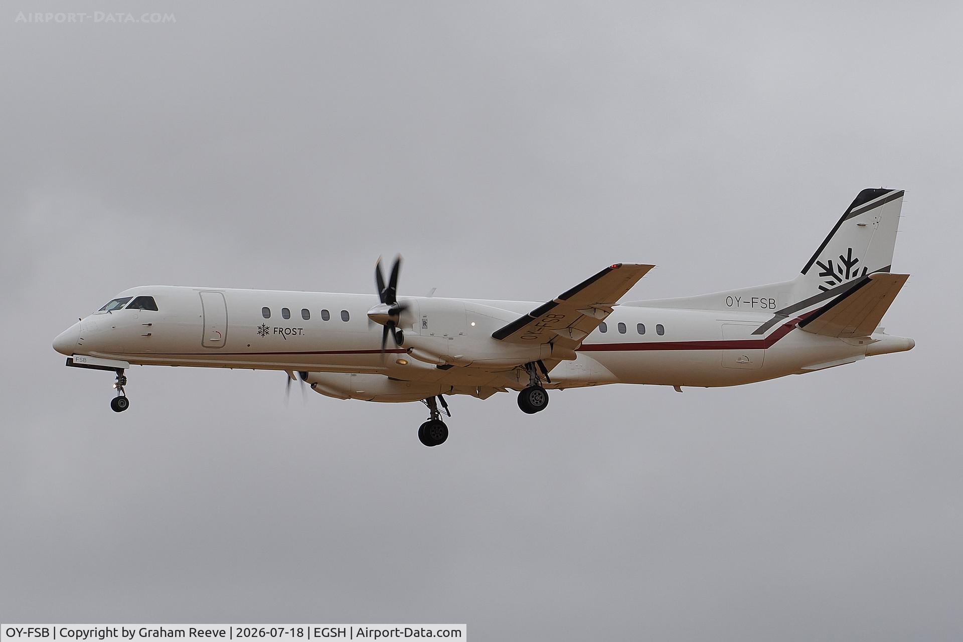 OY-FSB, 1995 Saab 2000, c/n 2000-013, Landing at Norwich.
