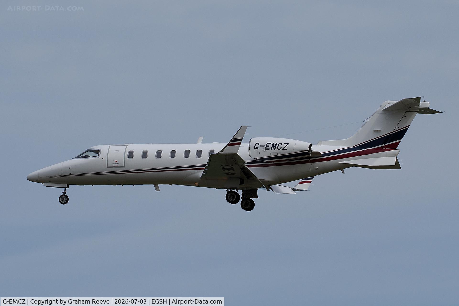 G-EMCZ, 2012 Learjet Inc Learjet 45, c/n 45-454, Landing at Norwich.