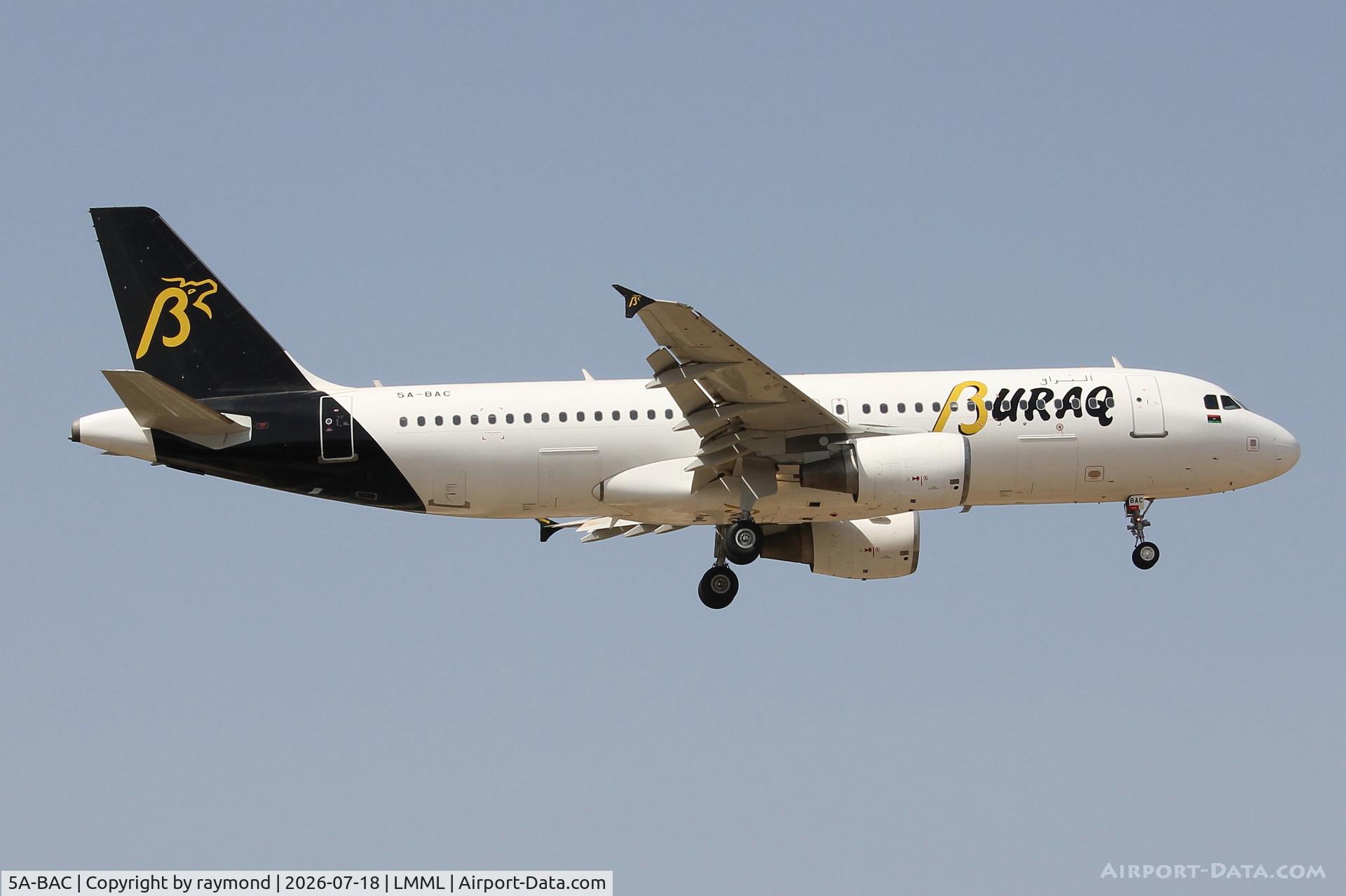 Aircraft 5A-BAC, 2011 Airbus A320-214, c/n 4993, Buraq Air Airbus A320-214 reg 5A-BAC on final approach for RW31 landing in Malta., at LMML, photo by raymond