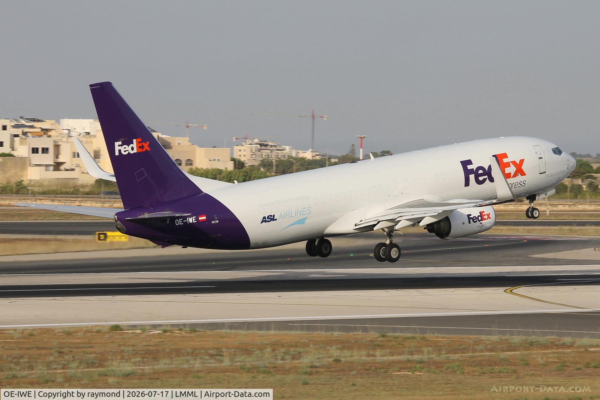 Aircraft OE-IWE, 2007 Boeing 737-8AS, c/n 35552 l/n 2263, Fedex Boeing 737-8AS(BCF) reg OE-IWE on rotation RW13 departing MLA., at LMML, photo by raymond