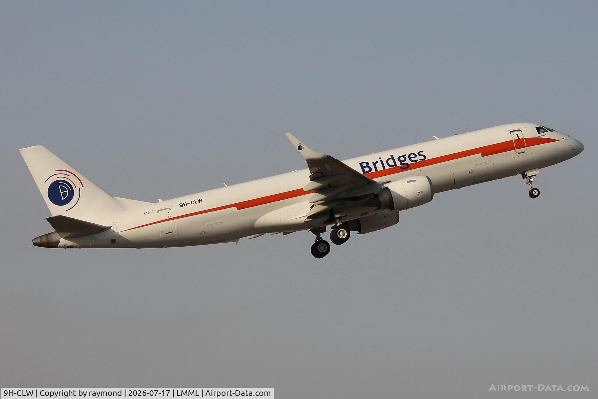 Aircraft 9H-CLW, Embraer ERJ-190AR(F), c/n 19000399, Embraer ERJ-190AR(F) reg 9H-CLW of Bridges Air Cargo climbing out of RW13 departing Malta., at LMML, photo by raymond