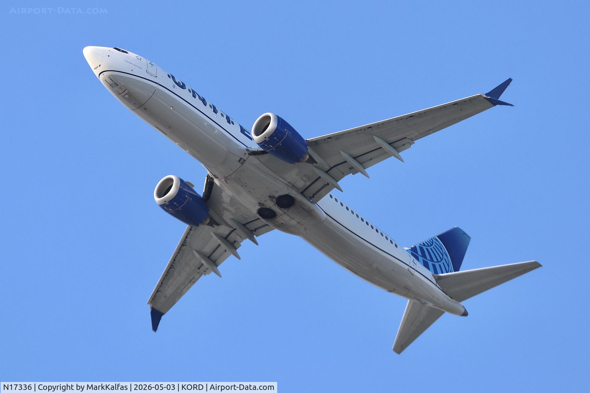 N17336, 2024 Boeing 737 MAX 8, c/n 67592 l/n 8820, B38M United Boeing 737 MAX 8 N17336 departing 28R KORD