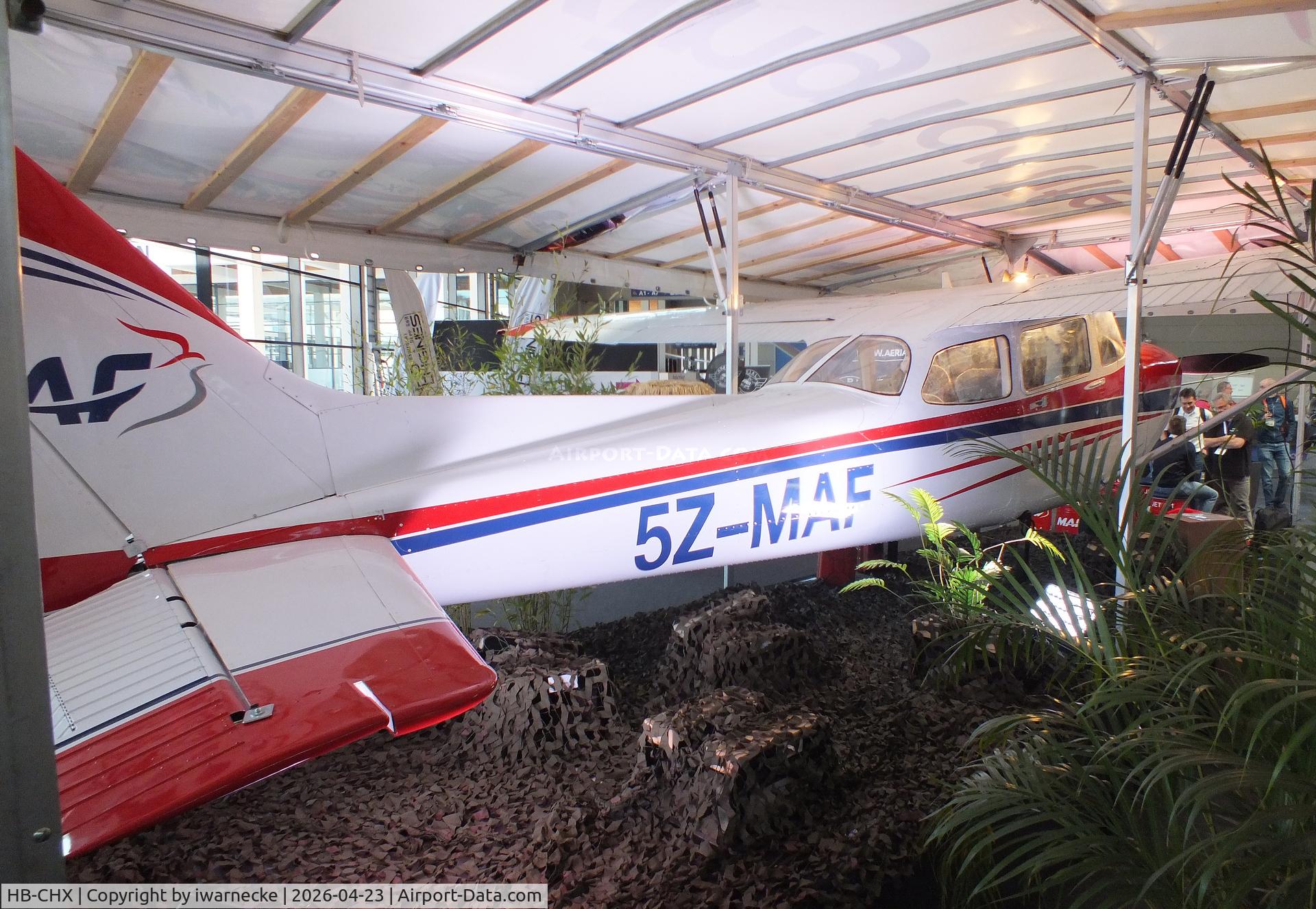 Aircraft HB-CHX, 1984 Reims Cessna F172P, c/n 2220, Cessna (Reims) F172P (minus main landing gear), displayed by MAF (Mission Aviation Fellowship) with fantasy registration '5Z-MAF' at the AERO 2026, Friedrichshafen, photo by iwarnecke