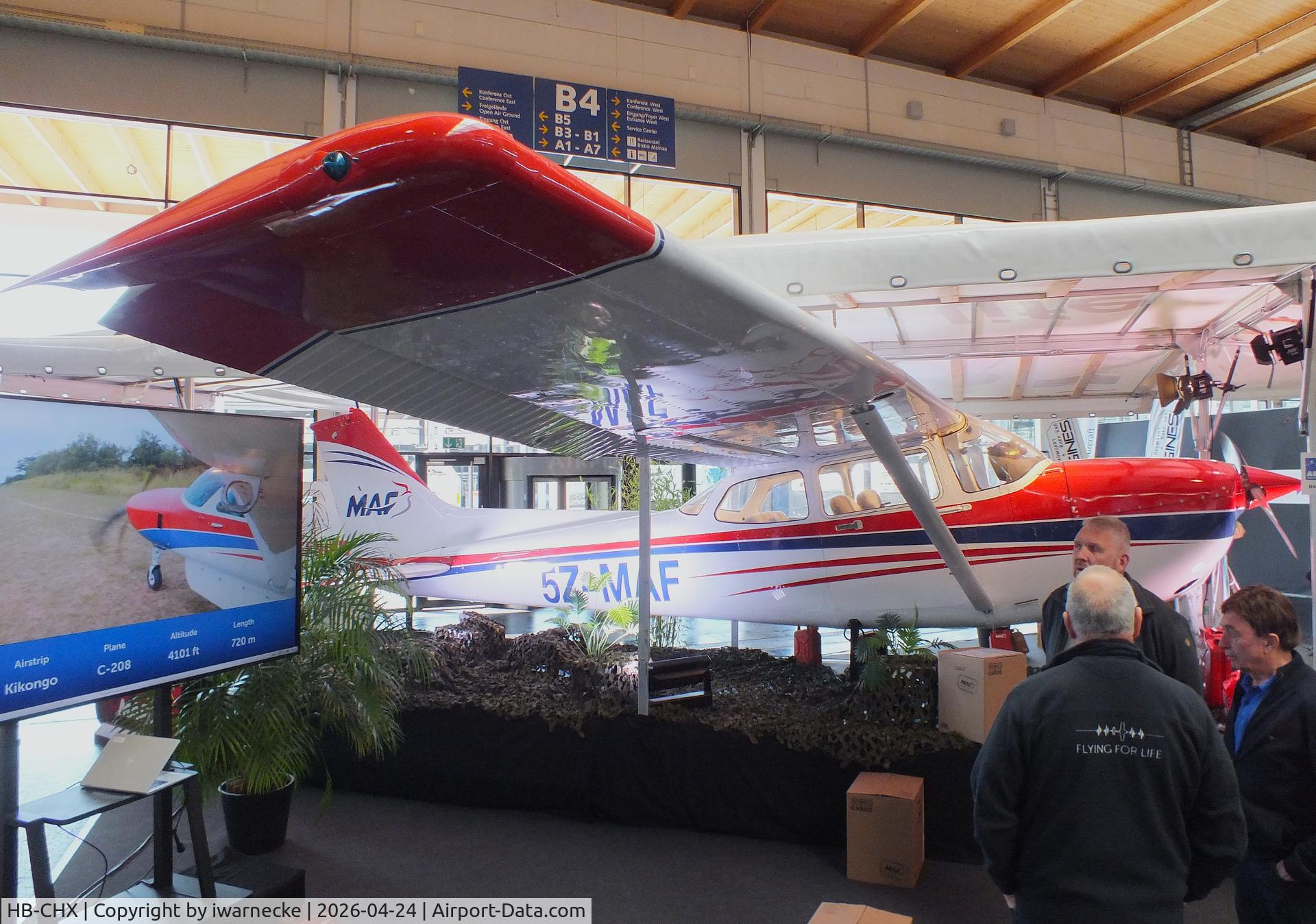 Aircraft HB-CHX, 1984 Reims Cessna F172P, c/n 2220, Cessna (Reims) F172P (minus main landing gear), displayed by MAF (Mission Aviation Fellowship) with fantasy registration '5Z-MAF' at the AERO 2026, Friedrichshafen, photo by iwarnecke