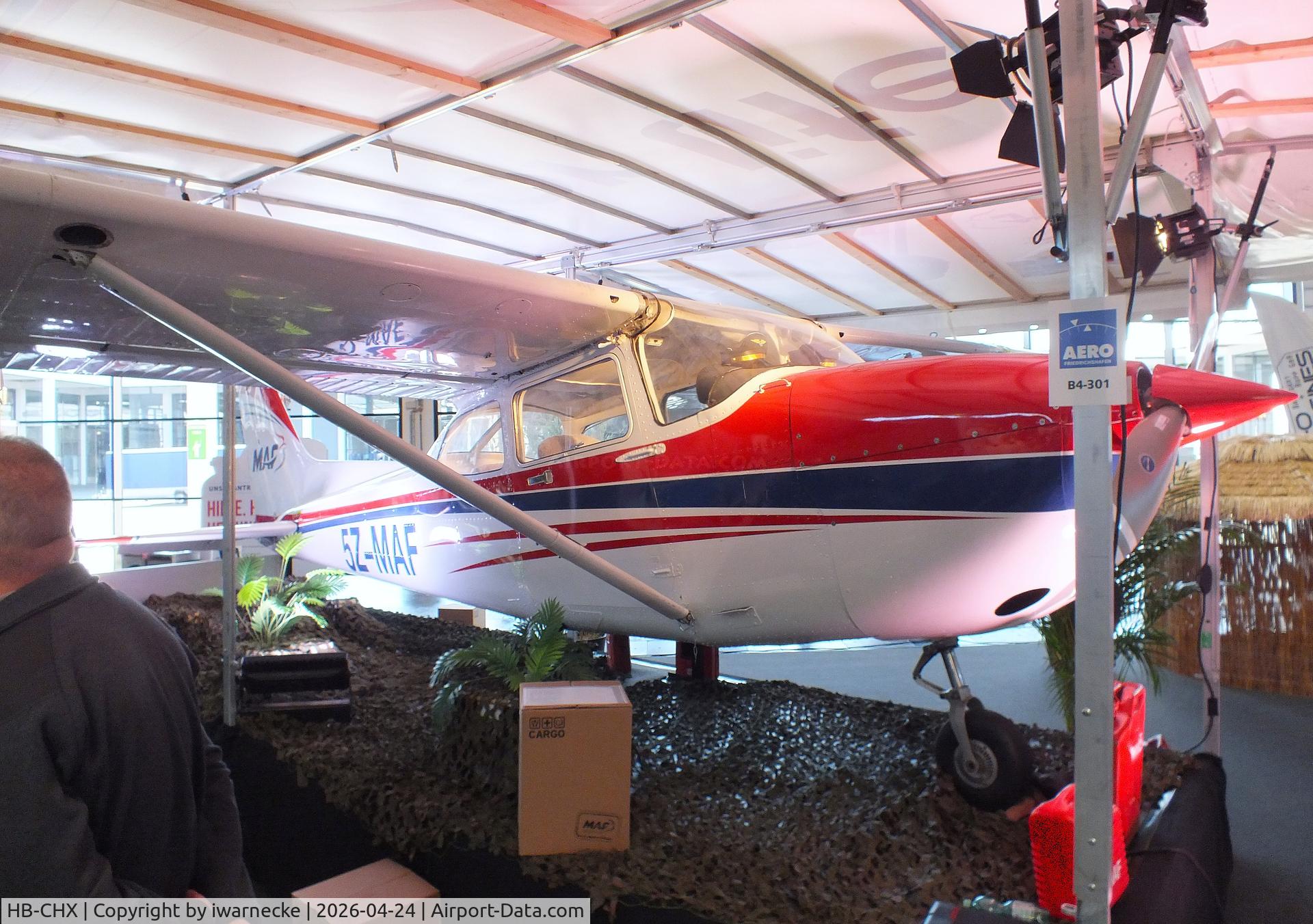 Aircraft HB-CHX, 1984 Reims Cessna F172P, c/n 2220, Cessna (Reims) F172P (minus main landing gear), displayed by MAF (Mission Aviation Fellowship) with fantasy registration '5Z-MAF' at the AERO 2026, Friedrichshafen, photo by iwarnecke