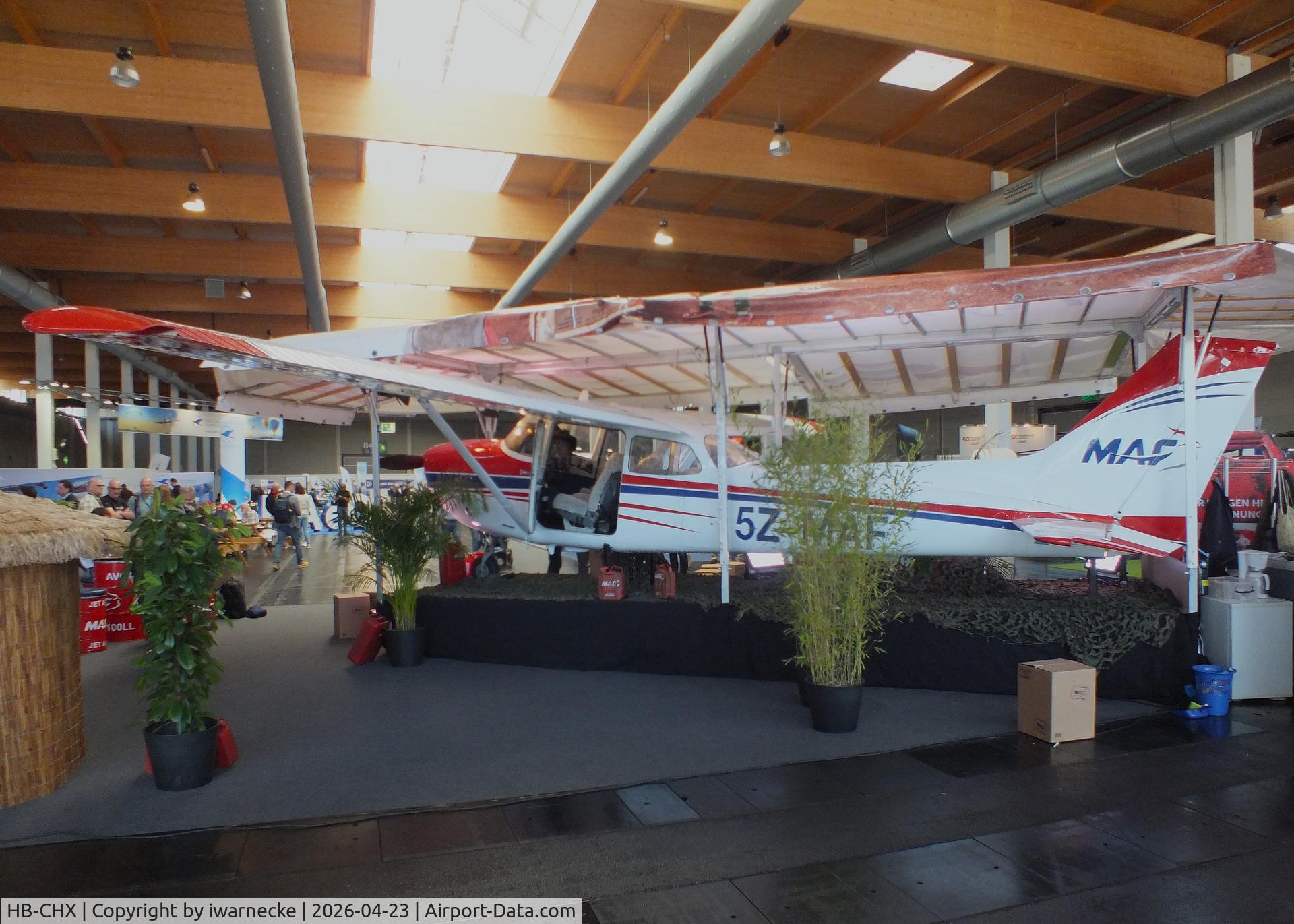 Aircraft HB-CHX, 1984 Reims Cessna F172P, c/n 2220, Cessna (Reims) F172P (minus main landing gear), displayed by MAF (Mission Aviation Fellowship) with fantasy registration '5Z-MAF' at the AERO 2026, Friedrichshafen, photo by iwarnecke