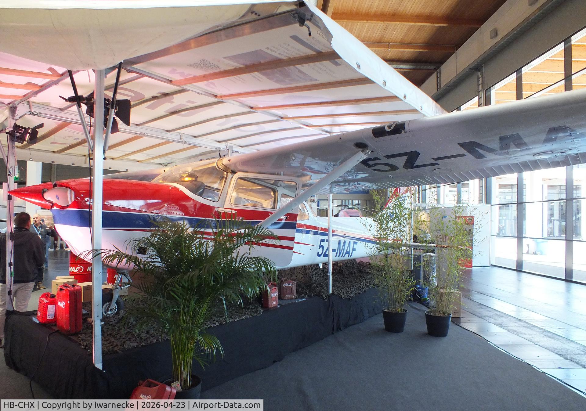 Aircraft HB-CHX, 1984 Reims Cessna F172P, c/n 2220, Cessna (Reims) F172P (minus main landing gear), displayed by MAF (Mission Aviation Fellowship) with fantasy registration '5Z-MAF' at the AERO 2026, Friedrichshafen, photo by iwarnecke