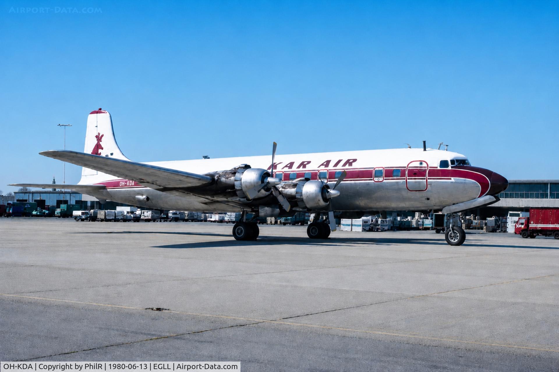 OH-KDA, 1957 Douglas DC-6B, c/n 45202, OH-KDA 1957 Douglas DC-6B Swing Tail Heathrow 13.06.80.jpg
