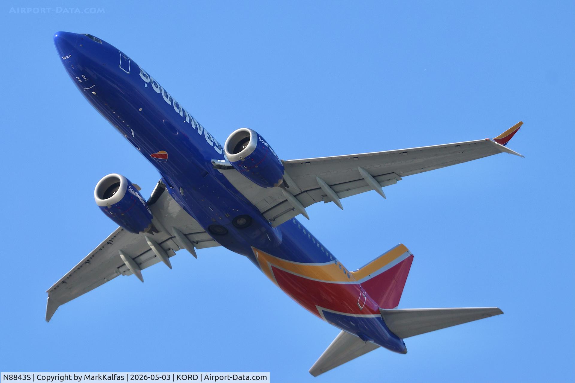 Aircraft N8843S, 2023 Boeing 737-8 MAX, c/n 67491 l/n 8499, B38M Southwest Boeing 737-8 MAX N8843S departing 28R KORD, at KORD, photo by MarkKalfas