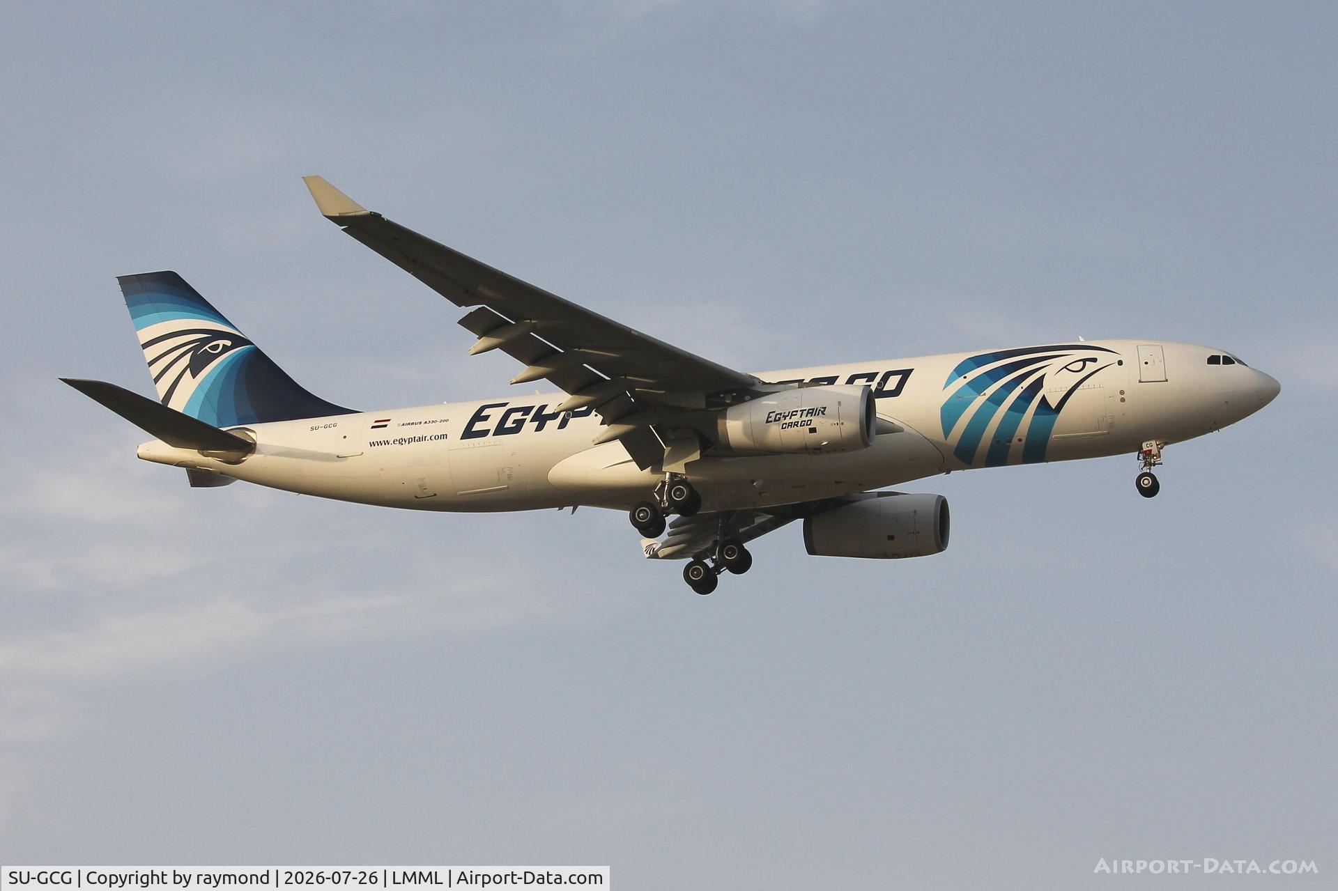 Aircraft SU-GCG, Airbus A330-243, c/n 666, Airbus A330-243 of EgyptAir Cargo reg SU-GCG on final approach for RW13 landing in Malta, flight from Tripoli., at LMML, photo by raymond