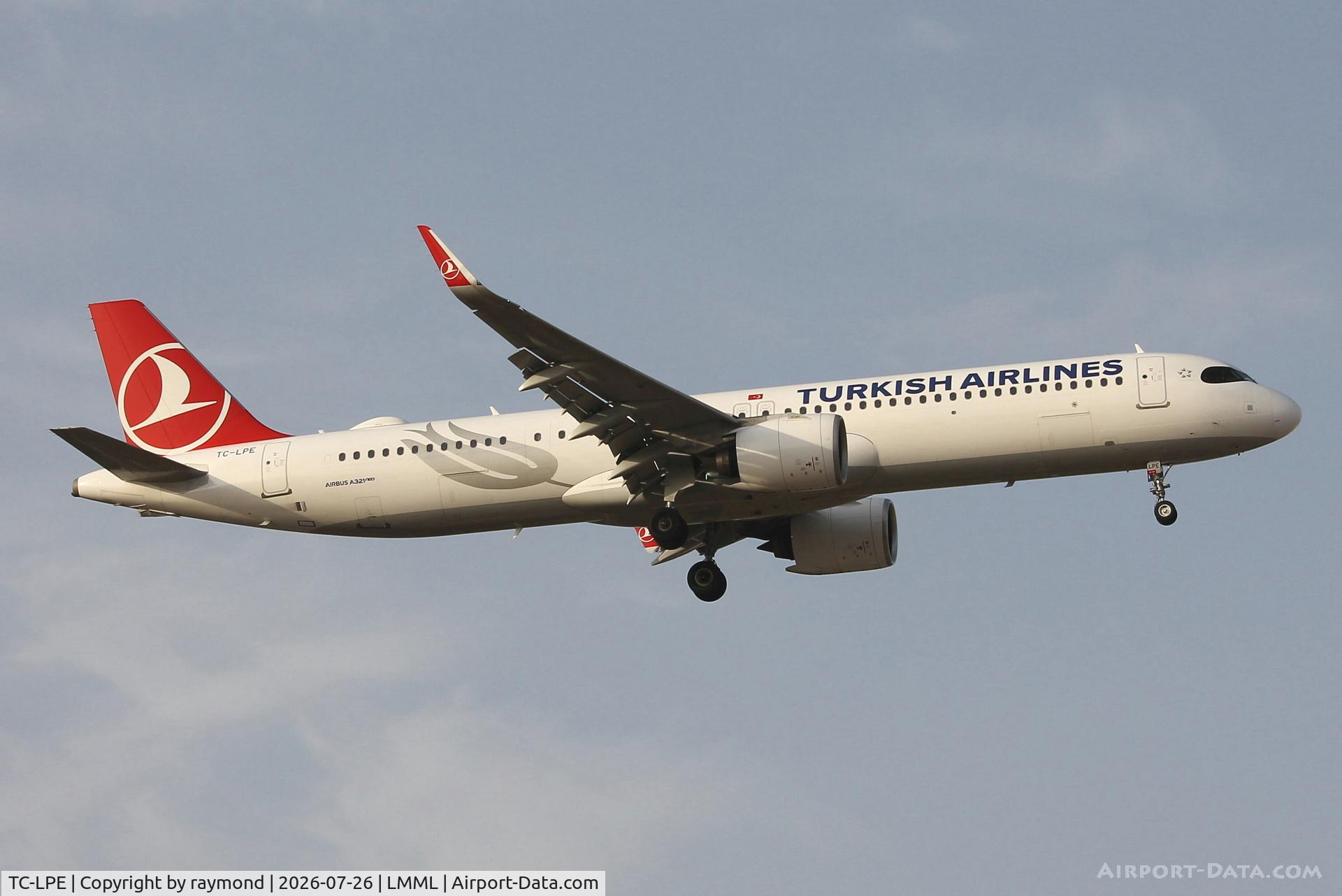 Aircraft TC-LPE, 2024 Airbus A A321-271NX, c/n 11944, Turkish Airlines Airbus A321-271NX reg TC-LPE on final approach RW13 MLA., at LMML, photo by raymond