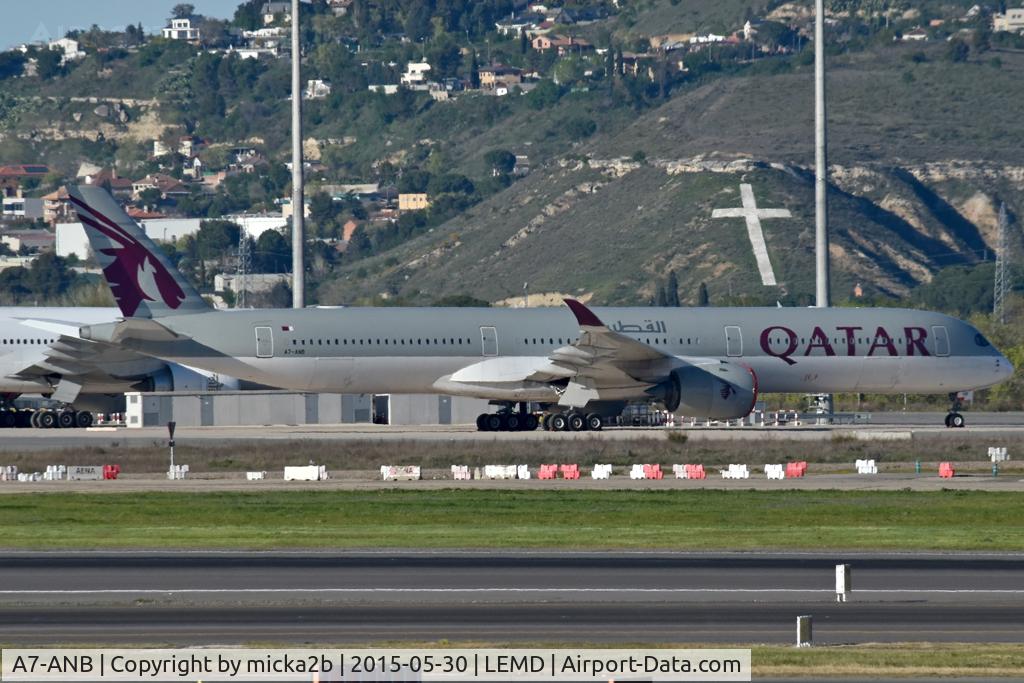 Aircraft A7-ANB, 2017 Airbus A350-1041, c/n 0102, Parked, at LEMD, photo by micka2b