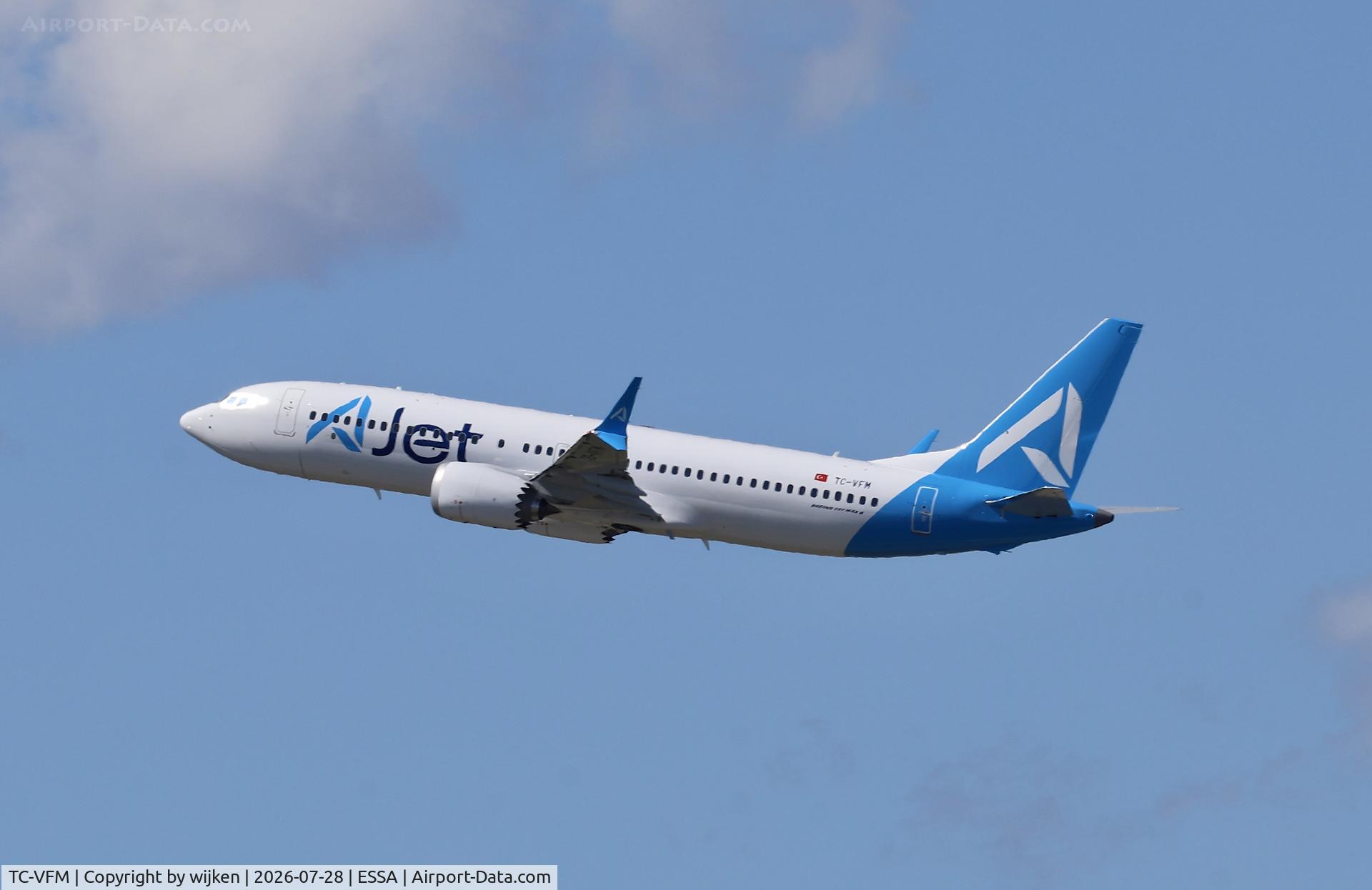 Aircraft TC-VFM, 2026 Boeing 737-8 MAX, c/n 60772 l/n 9710, Rwy 19R, at ESSA, photo by wijken