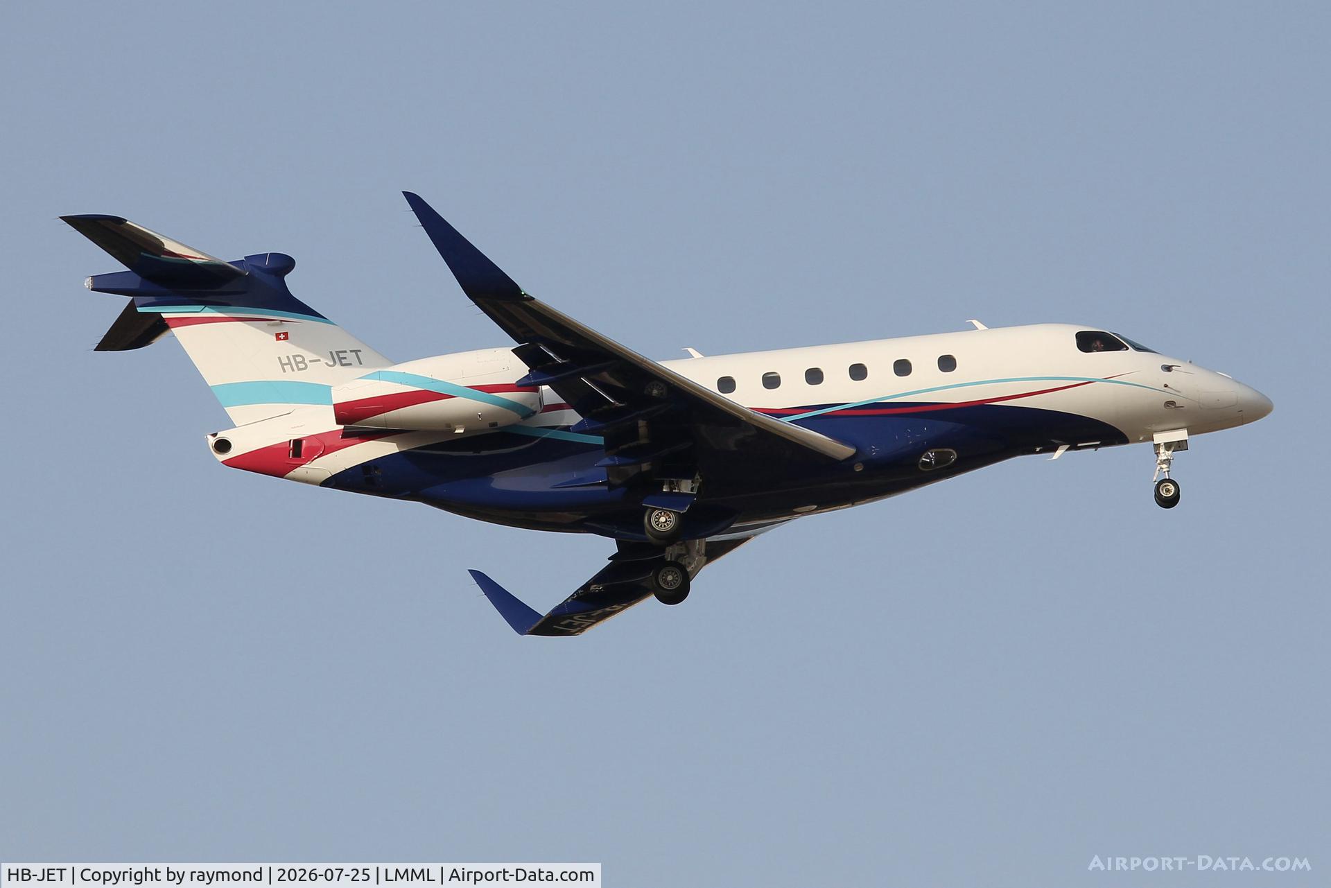 Aircraft HB-JET, Embraer Praetor 600, c/n 55020265, Embraer Praetor 600 reg HB-JET of Albinati Air approaching RW13 at MLA., at LMML, photo by raymond