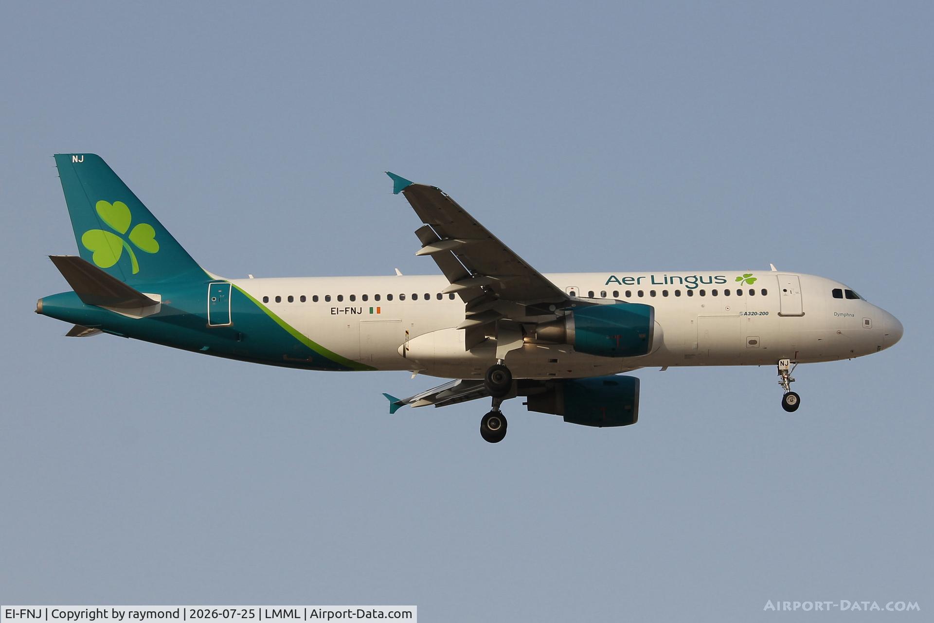 Aircraft EI-FNJ, 2007 Airbus A320-216, c/n 3174, Aer Lingus Airbus A320-216 reg EI-FNJ approaching RW13 landing in Malta., at LMML, photo by raymond