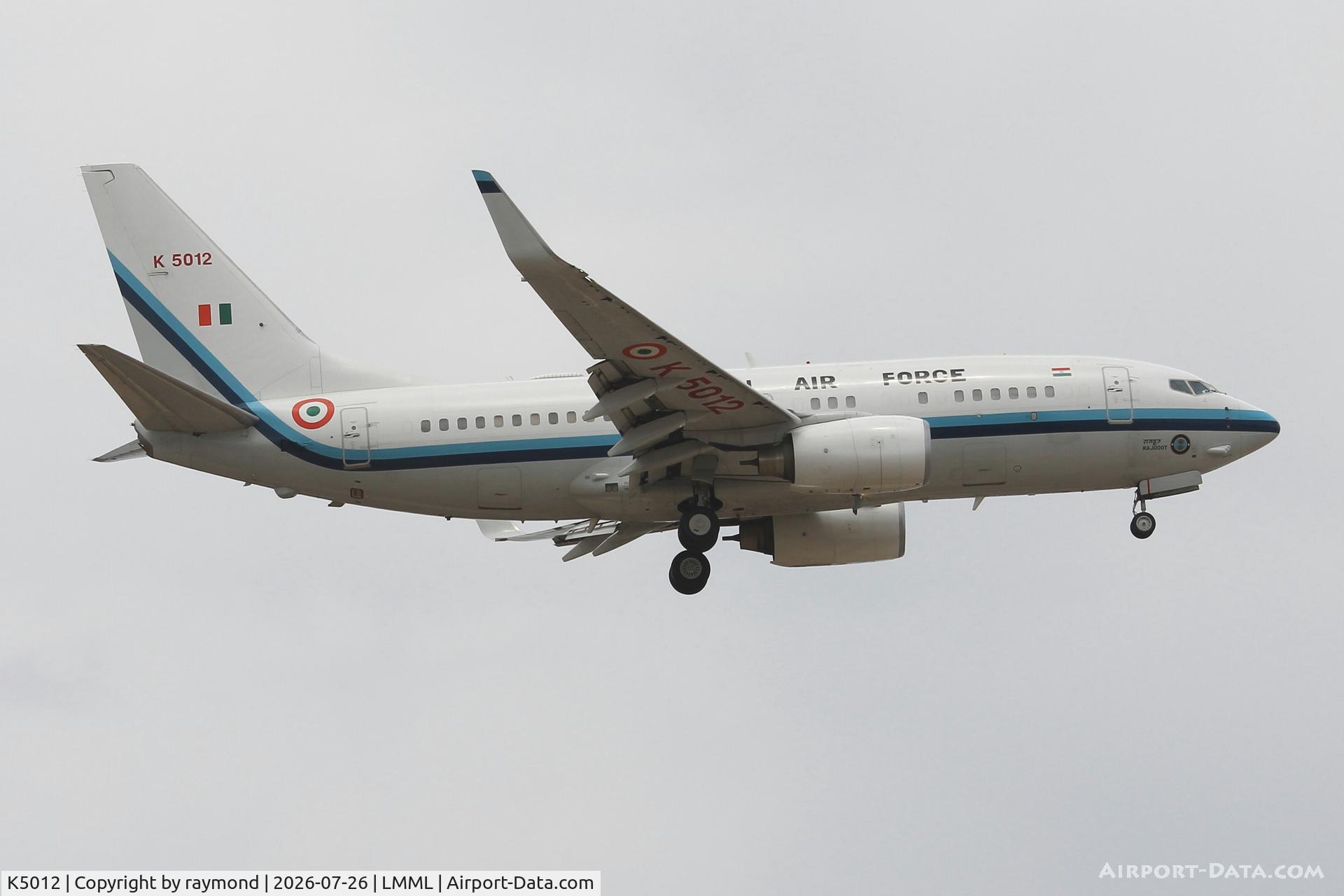 Aircraft K5012, 2006 Boeing 737-7HI (BBJ), c/n 36106 l/n 2118, Boeing 737-7HI(BBJ) reg K5012 of Indian Air Force approaching RW13 Malta., at LMML, photo by raymond