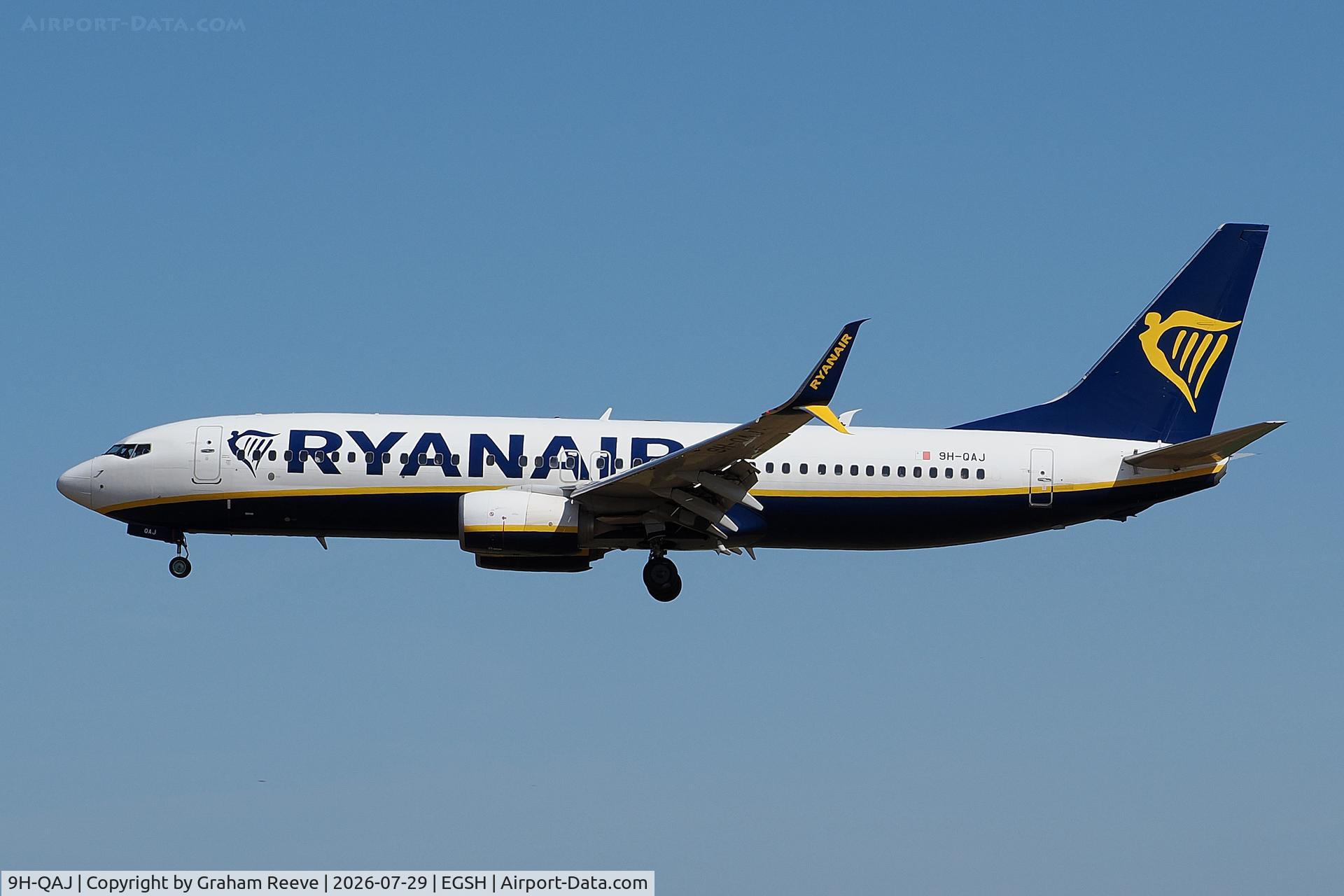 9H-QAJ, 2018 Boeing 737-800, c/n 44817, Landing at Norwich.
