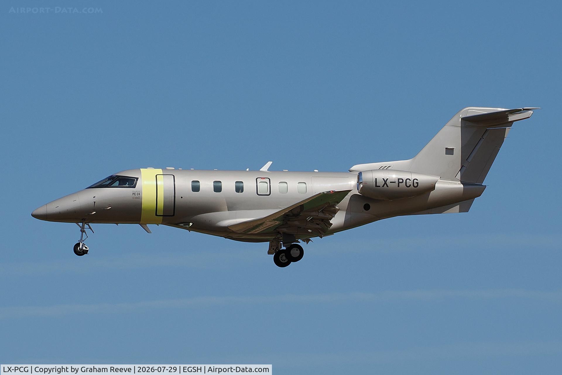 Aircraft LX-PCG, 2021 Pilatus PC-24, c/n 237, Landing at Norwich., at EGSH, photo by Graham Reeve