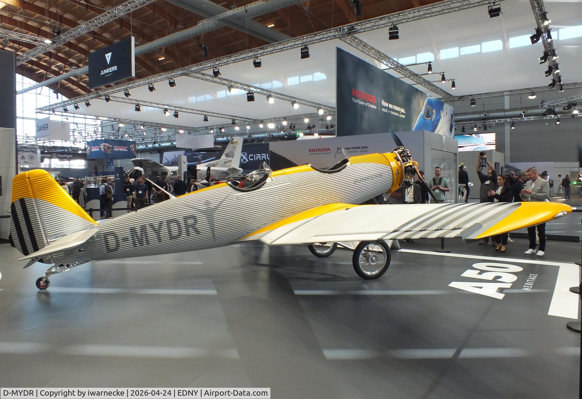 Aircraft D-MYDR, 2026 Junkers A50 Heritage, Junkers Flugzeugwerke A 50 ci Junior Heritage replica at the AERO 2026, Friedrichshafen, at EDNY, photo by iwarnecke