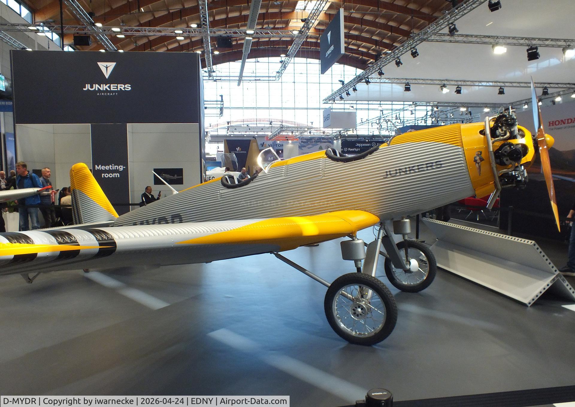Aircraft D-MYDR, 2026 Junkers A50 Heritage, Junkers Flugzeugwerke A 50 ci Junior Heritage replica at the AERO 2026, Friedrichshafen, at EDNY, photo by iwarnecke