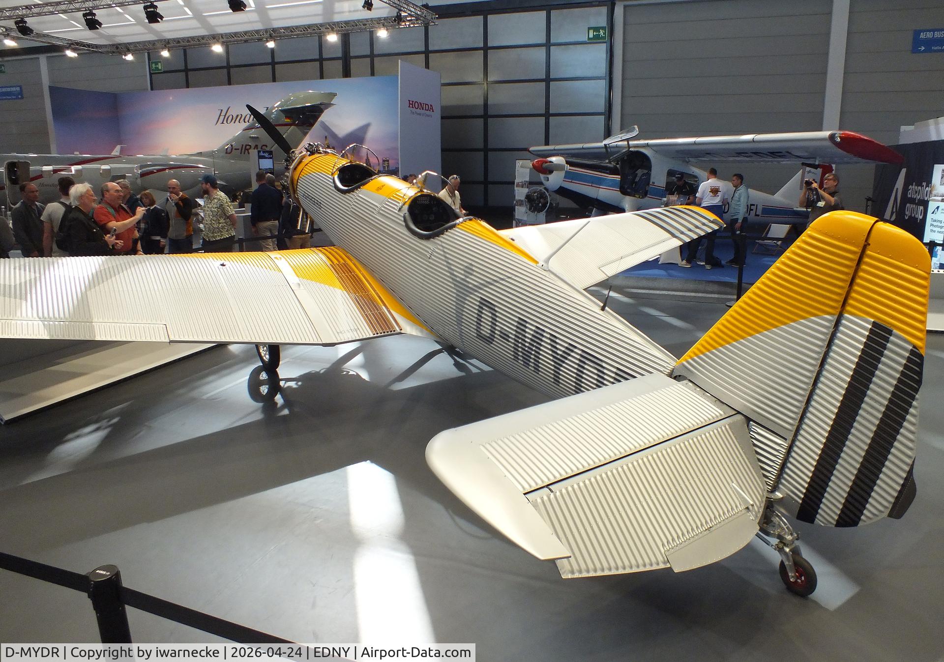 Aircraft D-MYDR, 2026 Junkers A50 Heritage, Junkers Flugzeugwerke A 50 ci Junior Heritage replica at the AERO 2026, Friedrichshafen, at EDNY, photo by iwarnecke