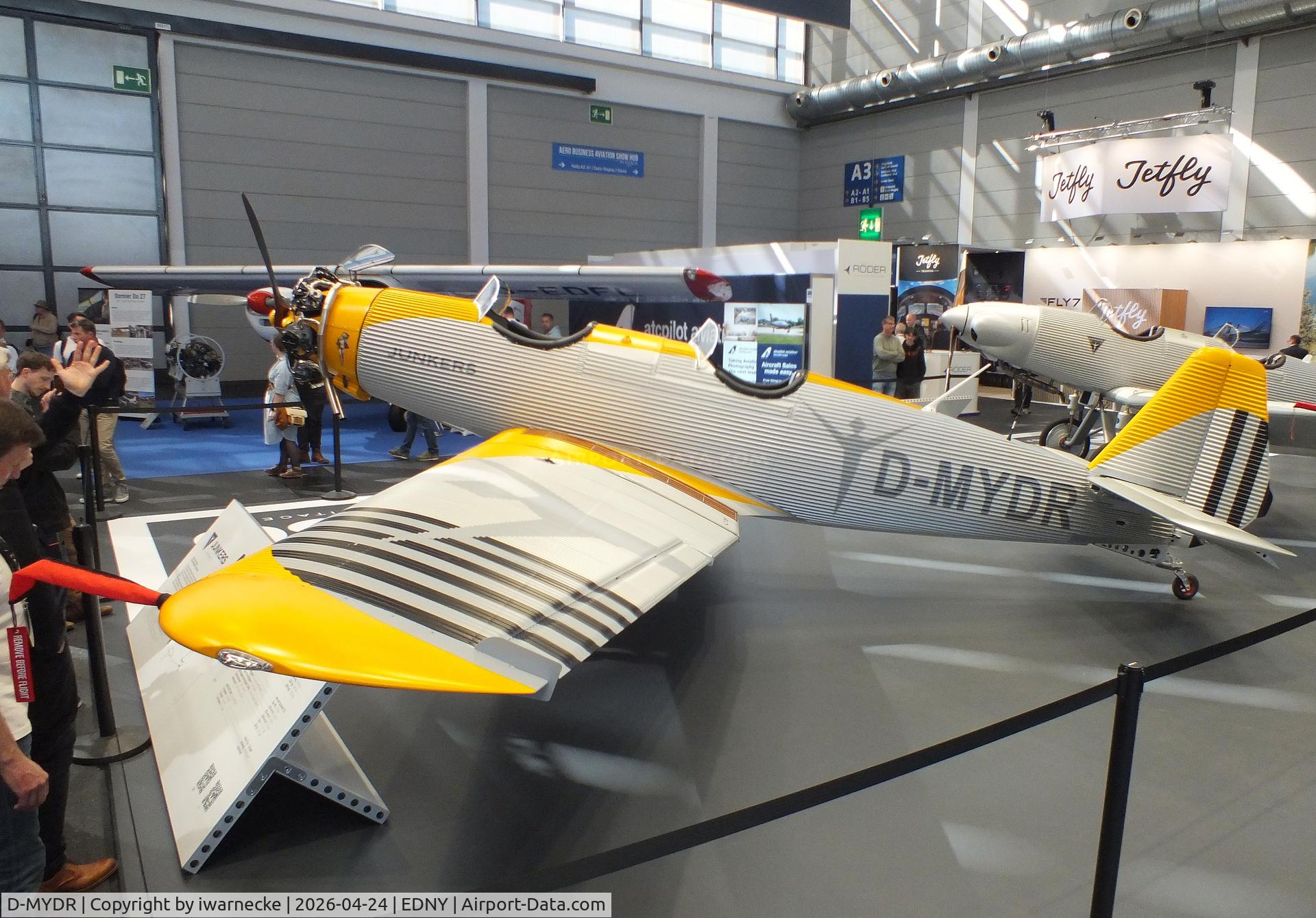 Aircraft D-MYDR, 2026 Junkers A50 Heritage, Junkers Flugzeugwerke A 50 ci Junior Heritage replica at the AERO 2026, Friedrichshafen, at EDNY, photo by iwarnecke