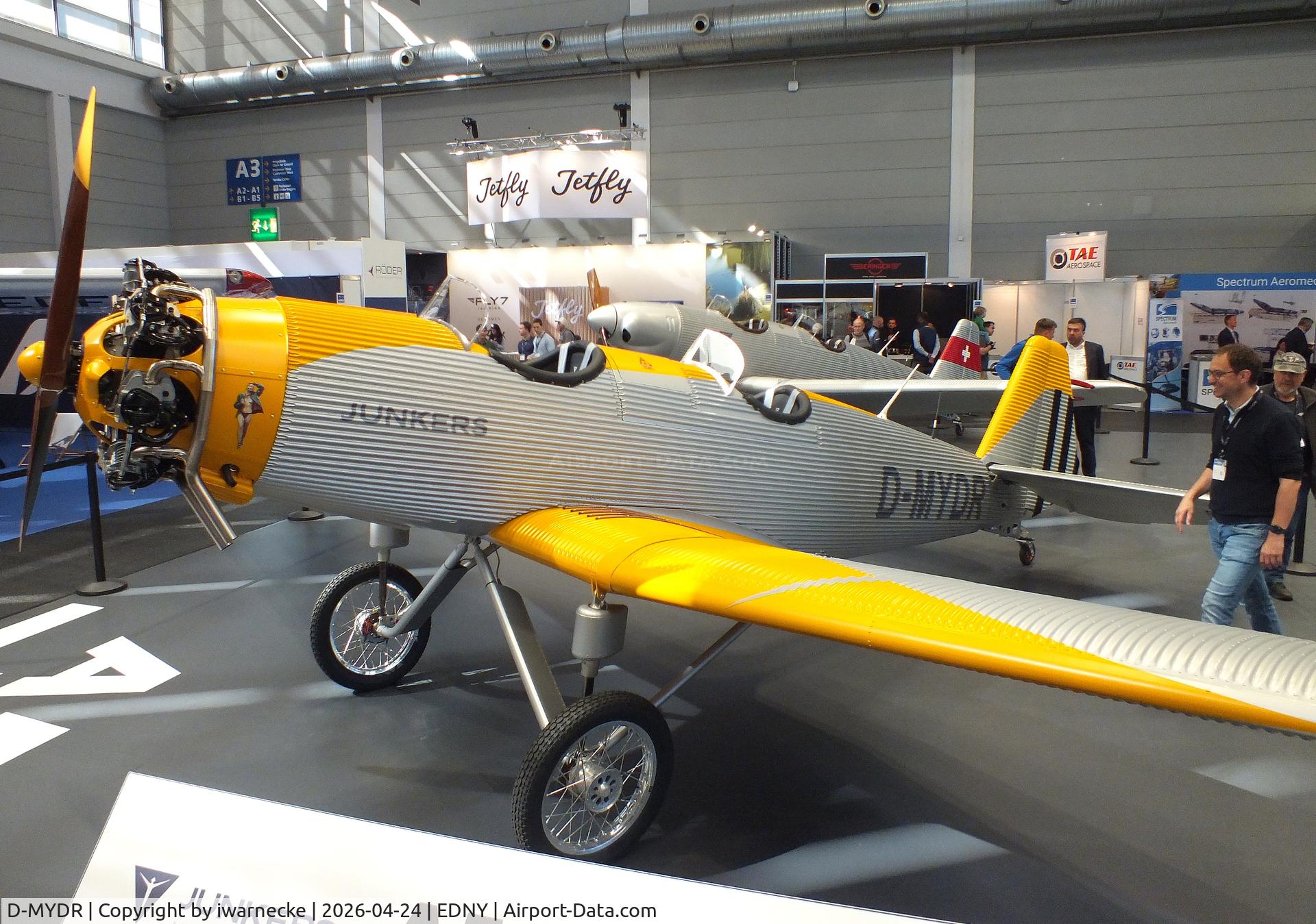 Aircraft D-MYDR, 2026 Junkers A50 Heritage, Junkers Flugzeugwerke A 50 ci Junior Heritage replica at the AERO 2026, Friedrichshafen, at EDNY, photo by iwarnecke